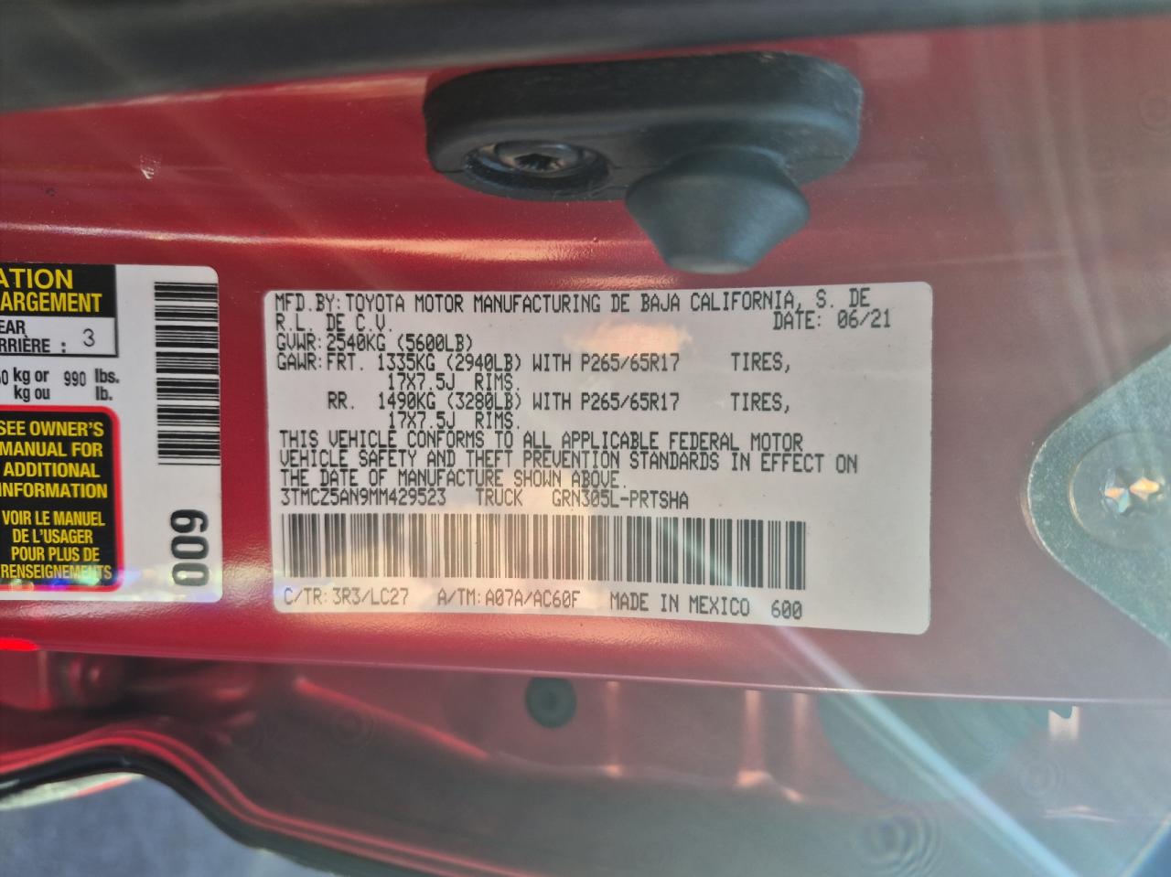 2021 Toyota Tacoma Double Cab VIN: 3TMCZ5AN9MM429523 Lot: 42770545