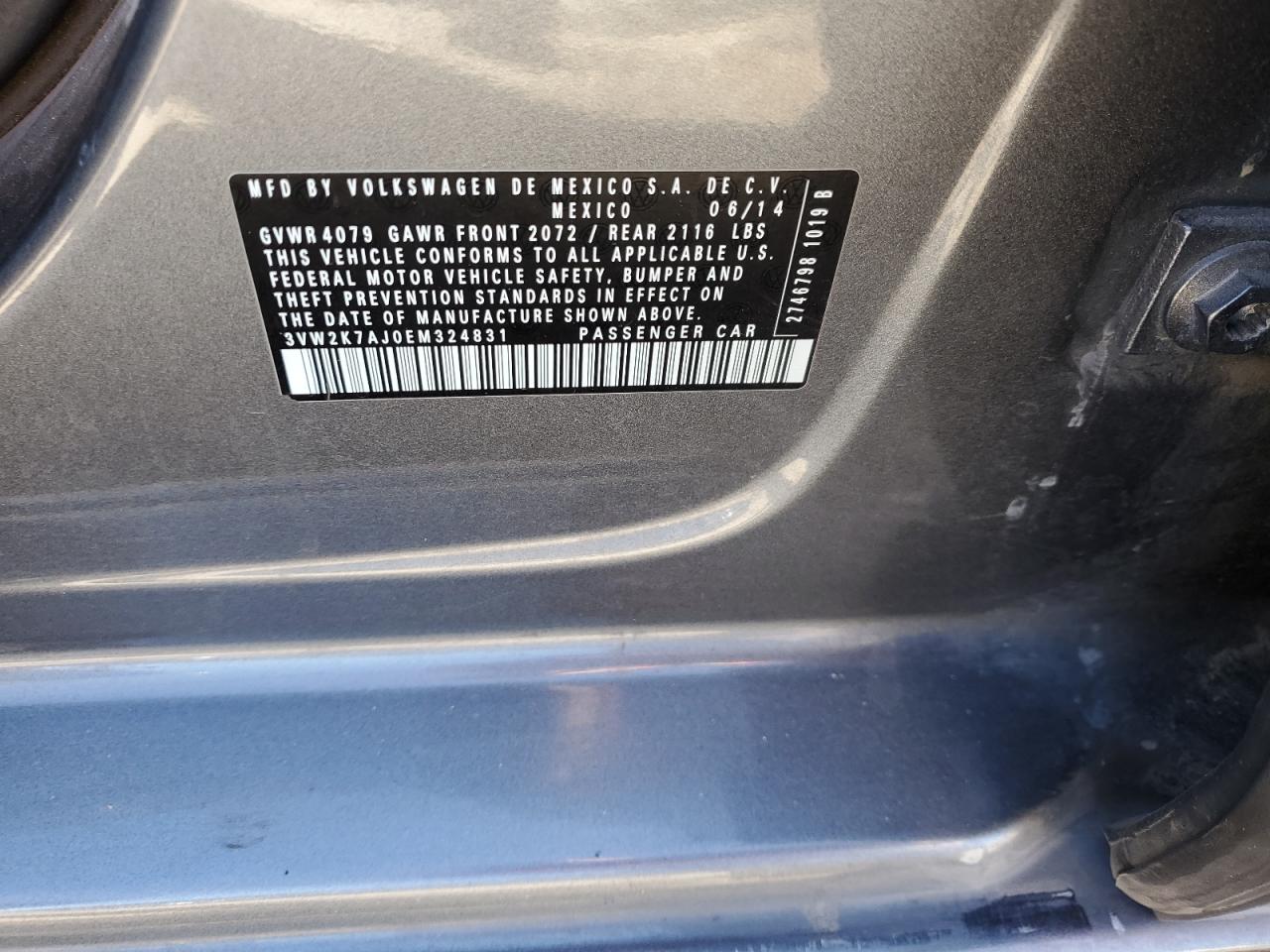 2014 Volkswagen Jetta Base VIN: 3VW2K7AJ0EM324831 Lot: 89289265