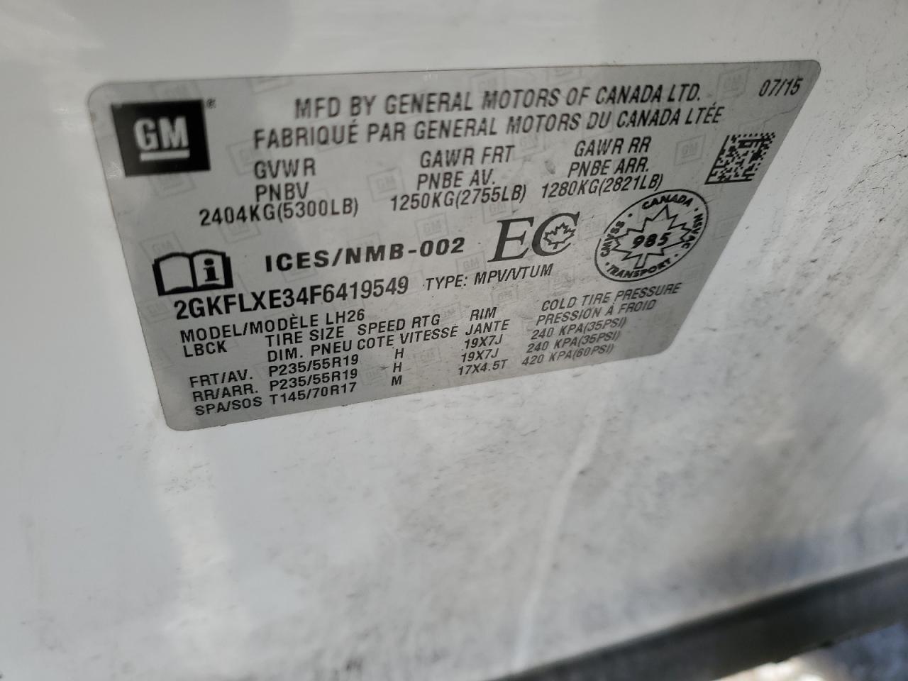 2015 GMC Terrain Slt VIN: 2GKFLXE34F6419549 Lot: 88963975