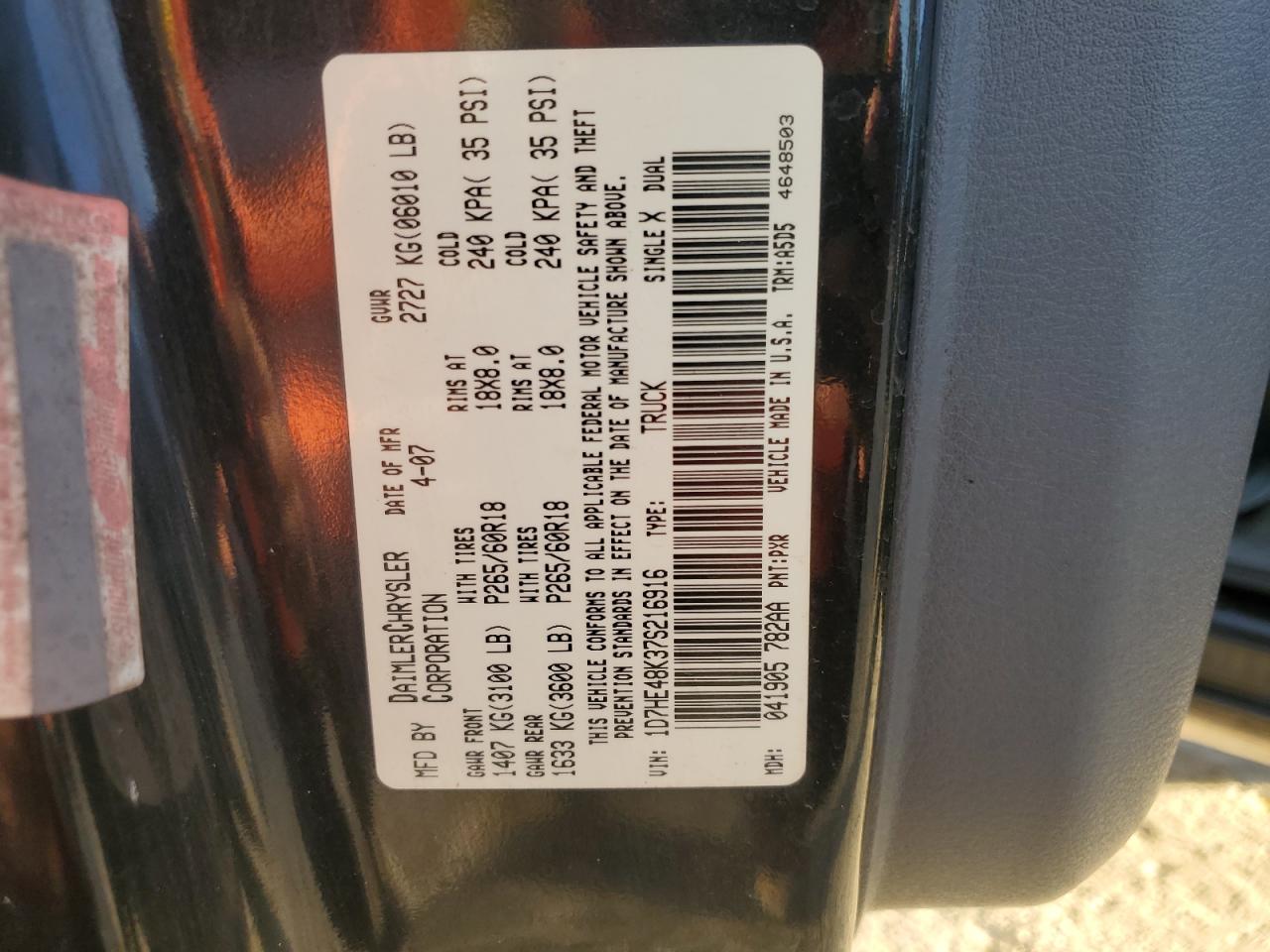 2007 Dodge Dakota Quad Slt VIN: 1D7HE48K37S216916 Lot: 87187984