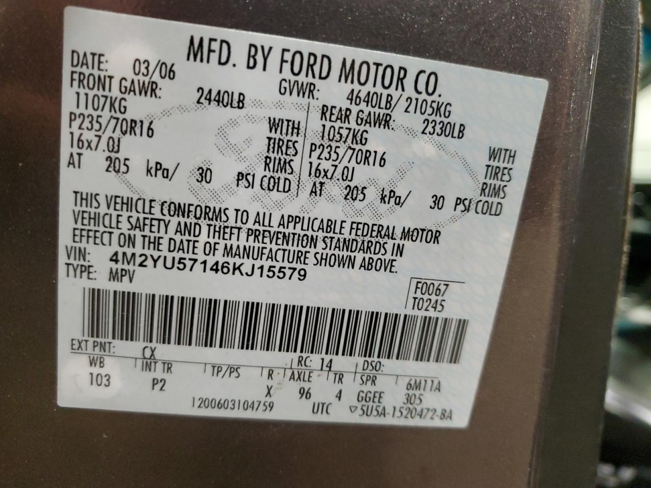 2006 Mercury Mariner VIN: 4M2YU57146KJ15579 Lot: 88637435