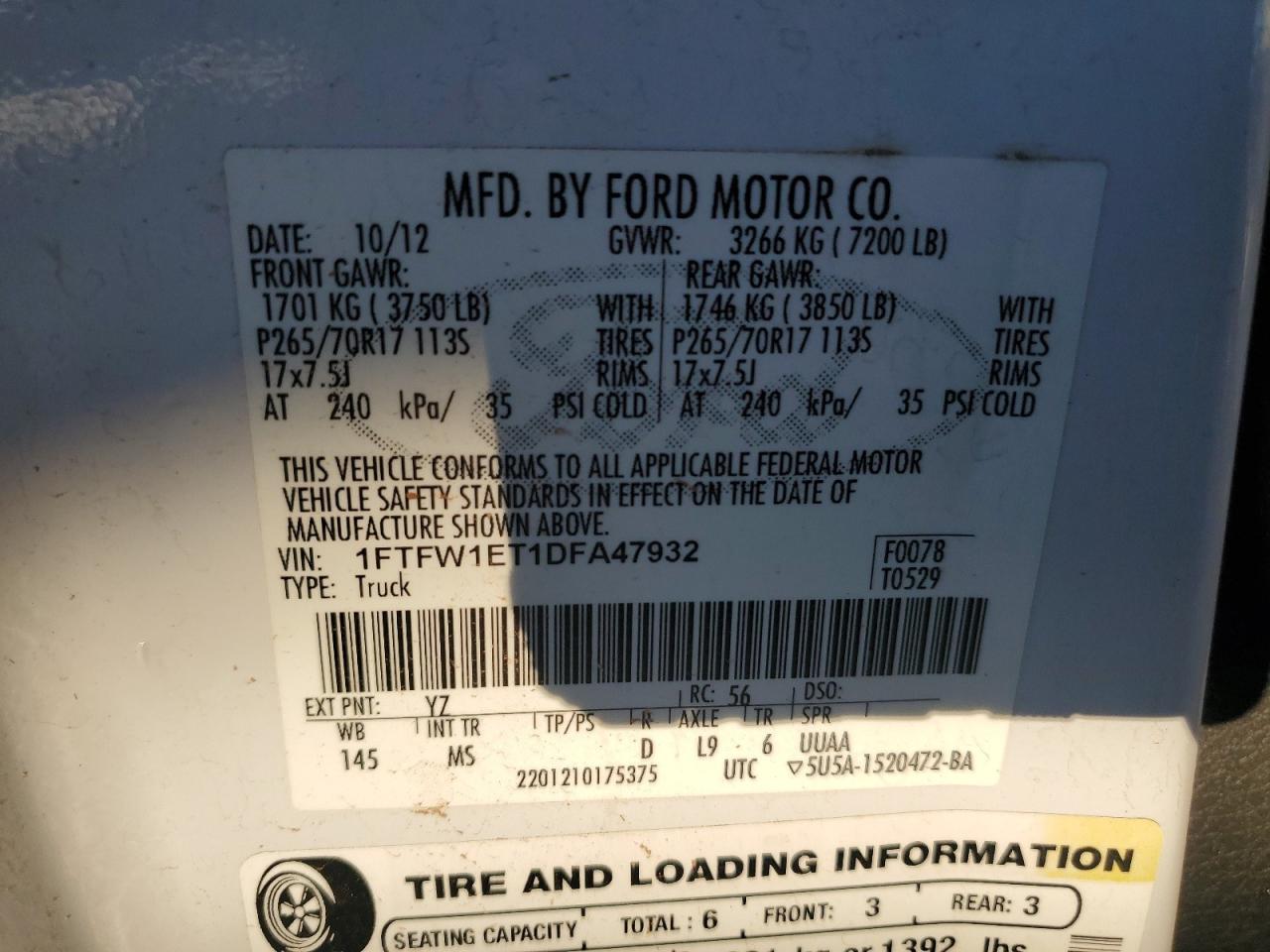 VIN 1FTFW1ET1DFA47932 2013 FORD F-150 no.12