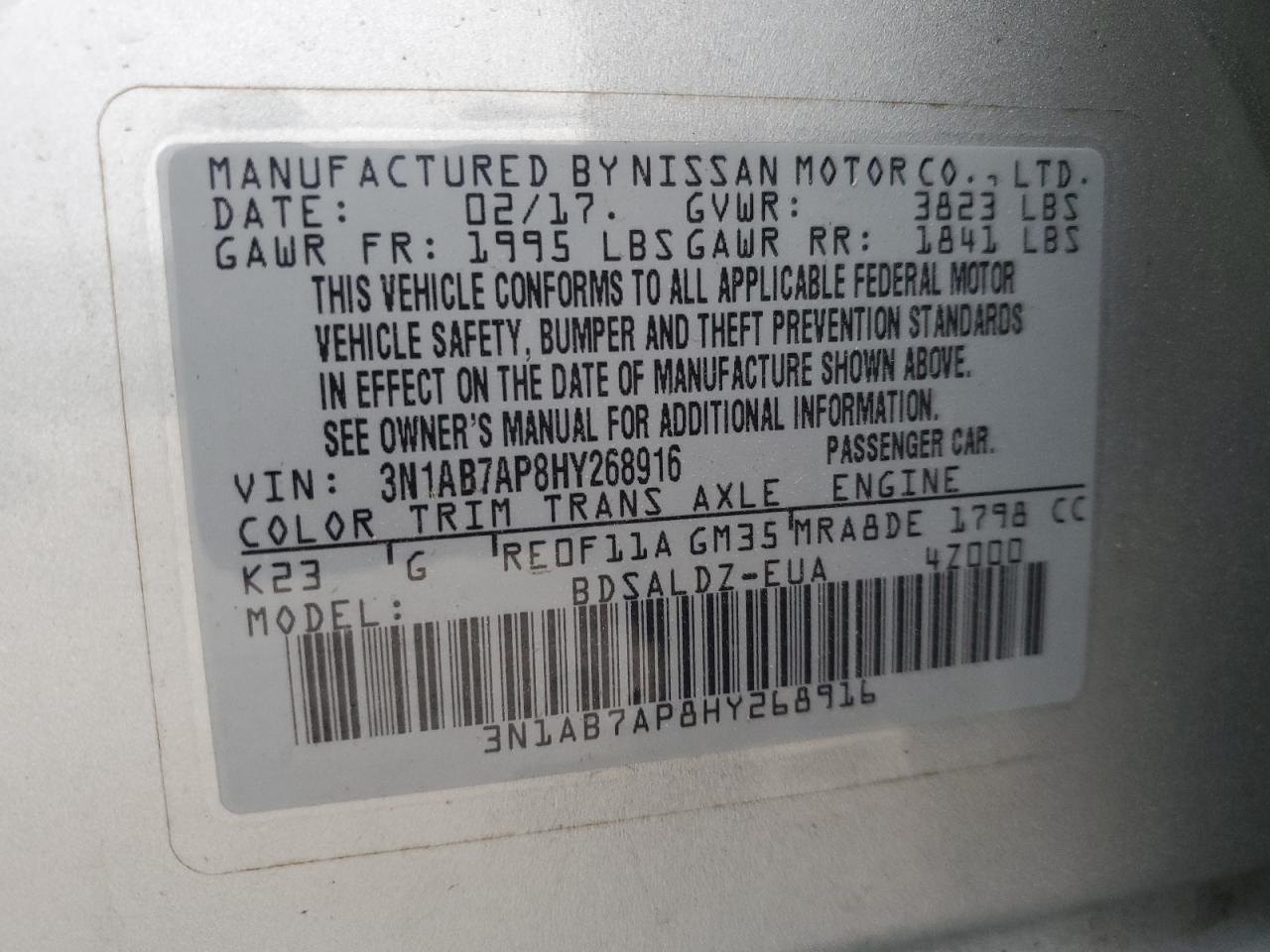 2017 Nissan Sentra S VIN: 3N1AB7AP8HY268916 Lot: 88448335