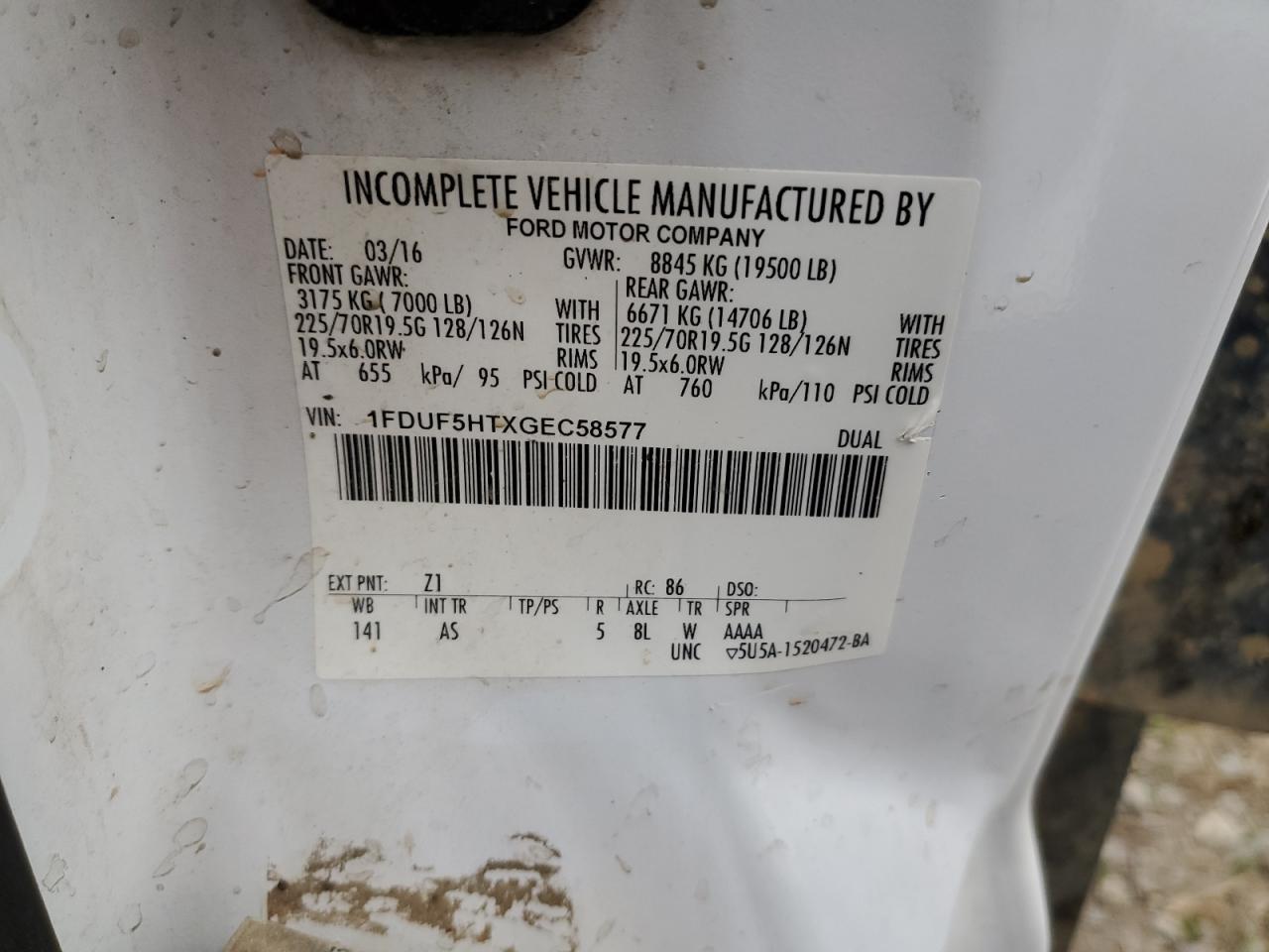 2016 Ford F550 Super Duty VIN: 1FDUF5HTXGEC58577 Lot: 86799064