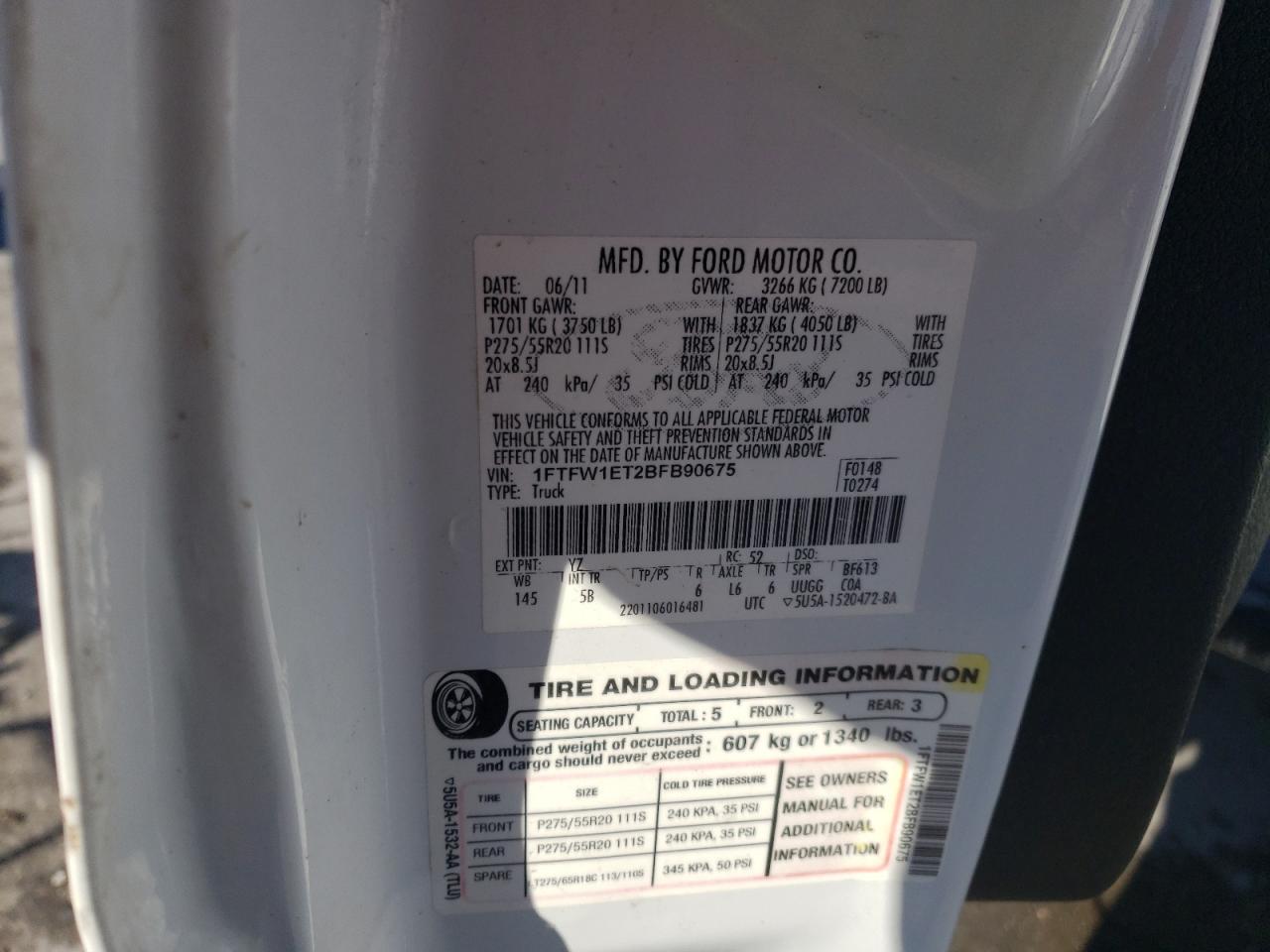 2011 Ford F150 Supercrew VIN: 1FTFW1ET2BFB90675 Lot: 88881325