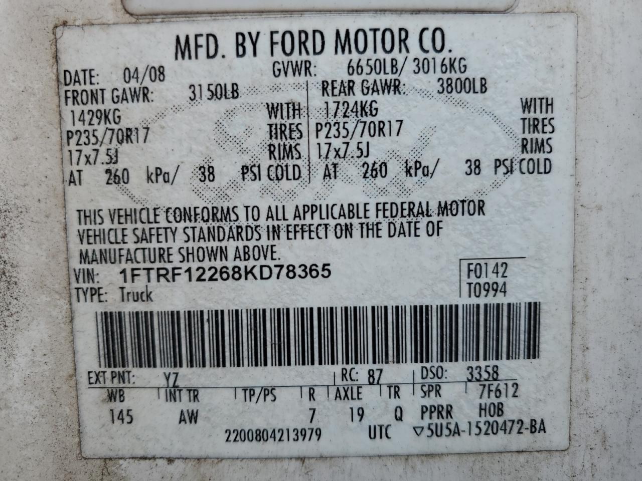 2008 Ford F150 VIN: 1FTRF12268KD78365 Lot: 88728355