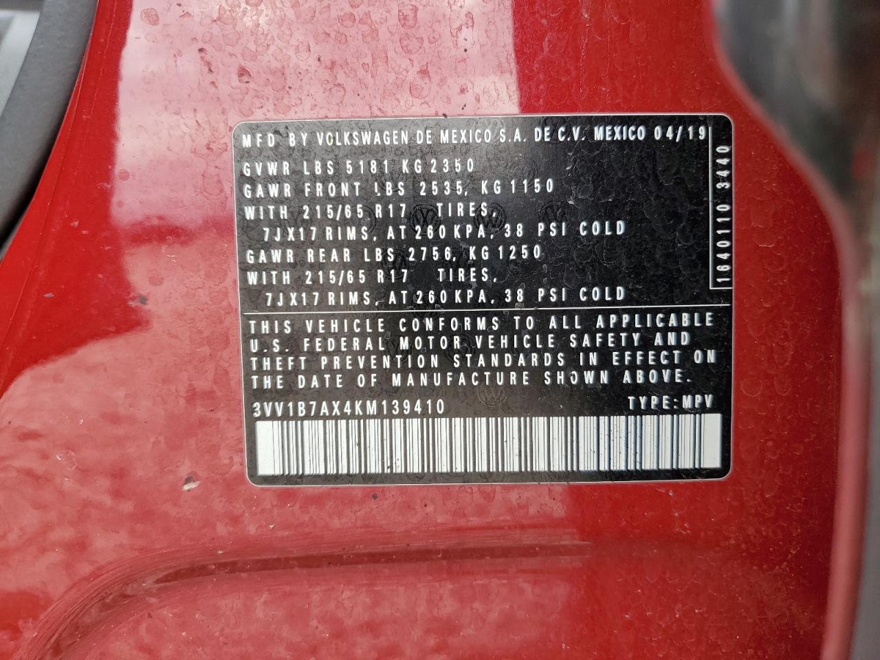 2019 Volkswagen Tiguan S VIN: 3VV1B7AX4KM139410 Lot: 42614155