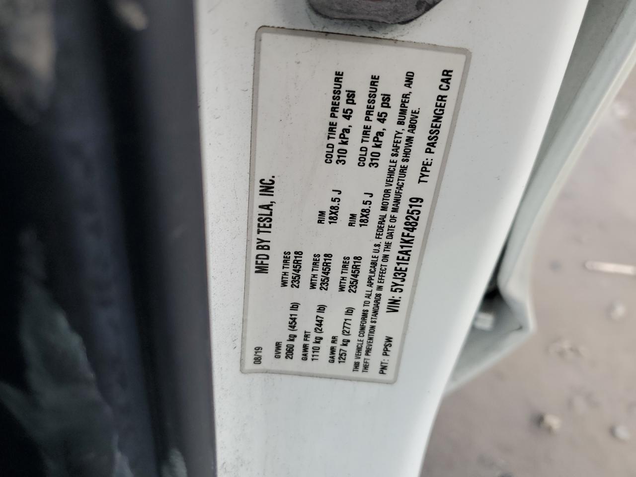 VIN 5YJ3E1EA1KF482519 2019 TESLA MODEL 3 no.12