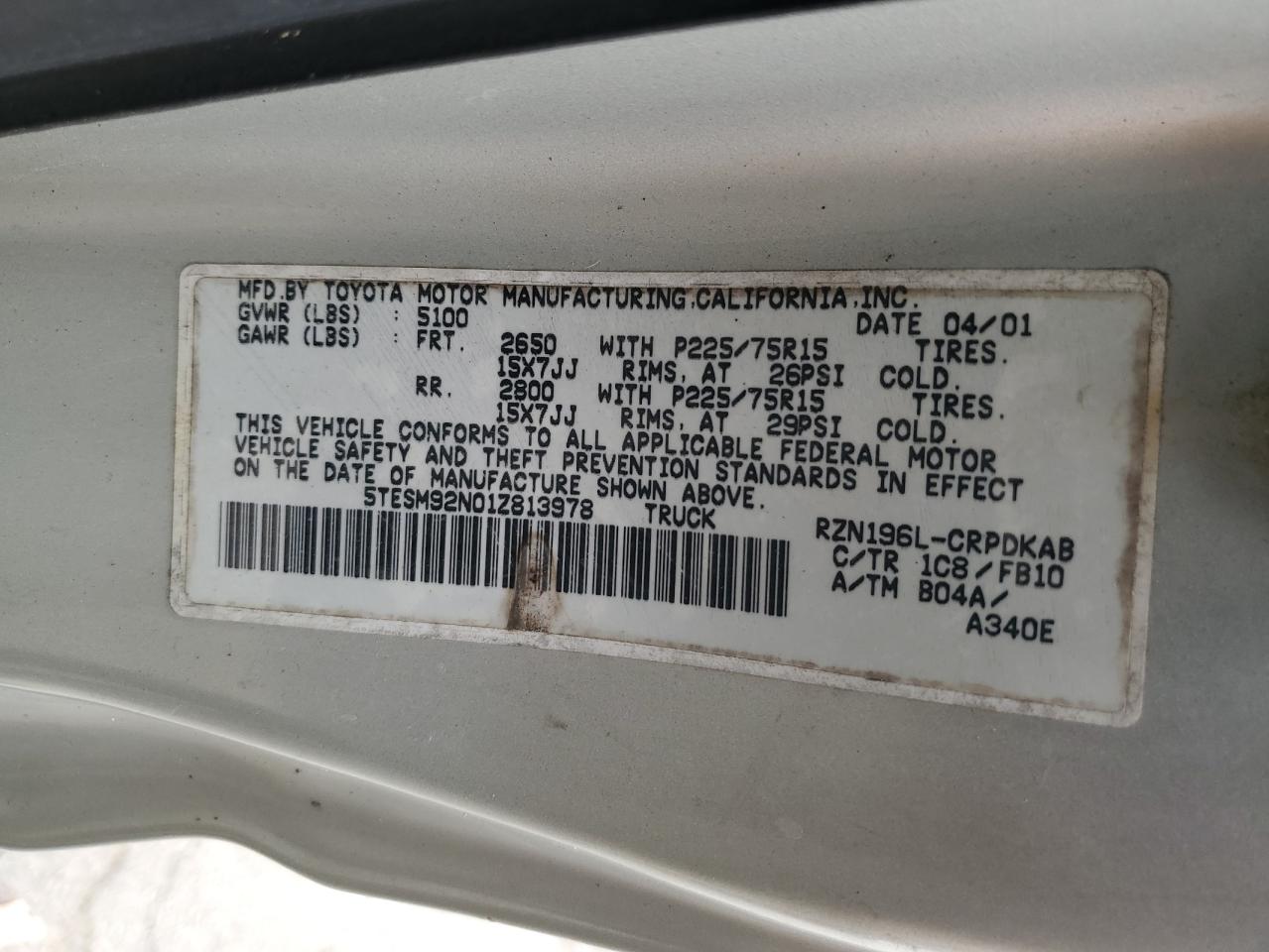 2001 Toyota Tacoma Xtracab Prerunner VIN: 5TESM92N01Z813978 Lot: 42445215