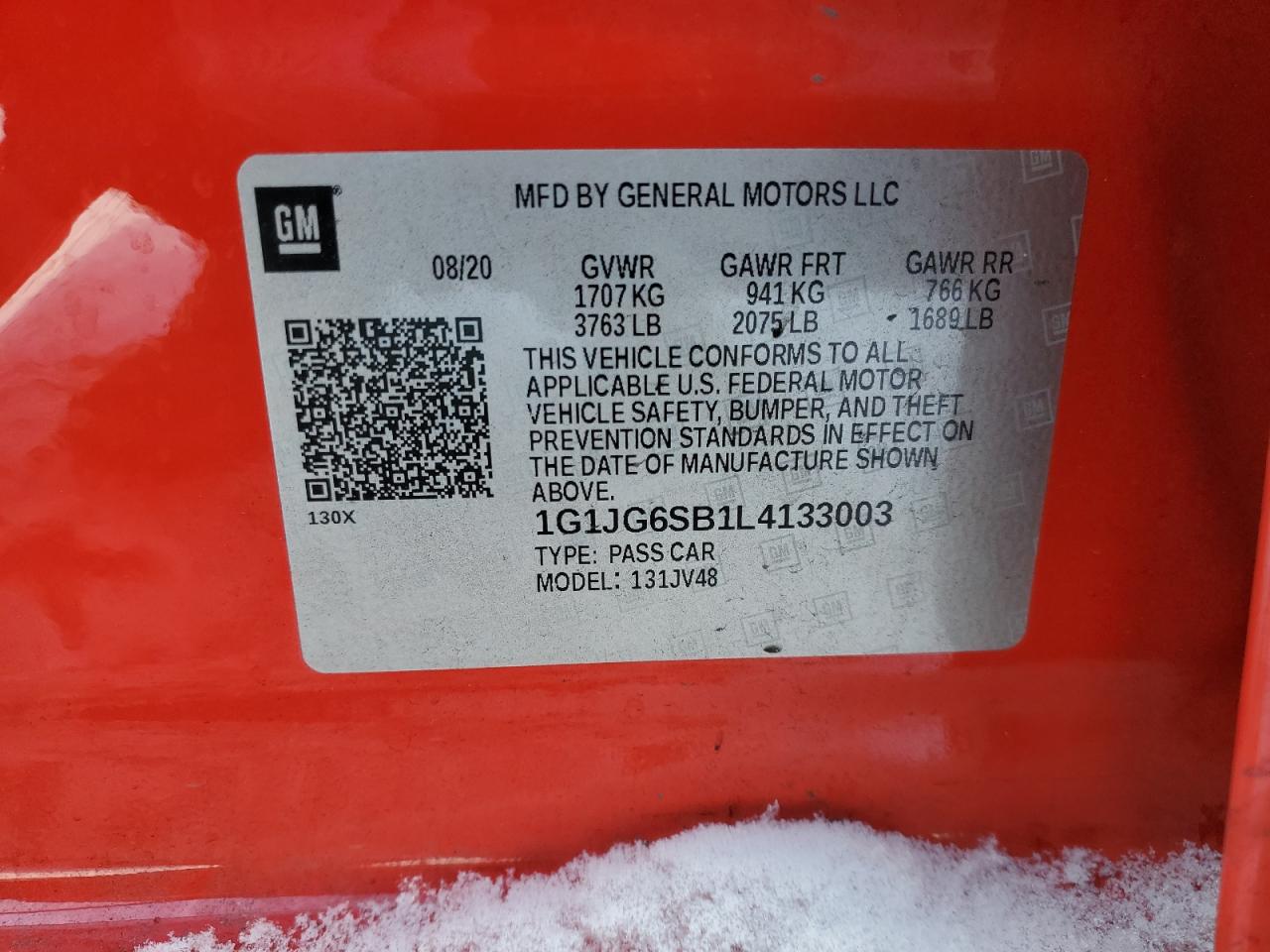 2020 Chevrolet Sonic VIN: 1G1JG6SB1L4133003 Lot: 88968825