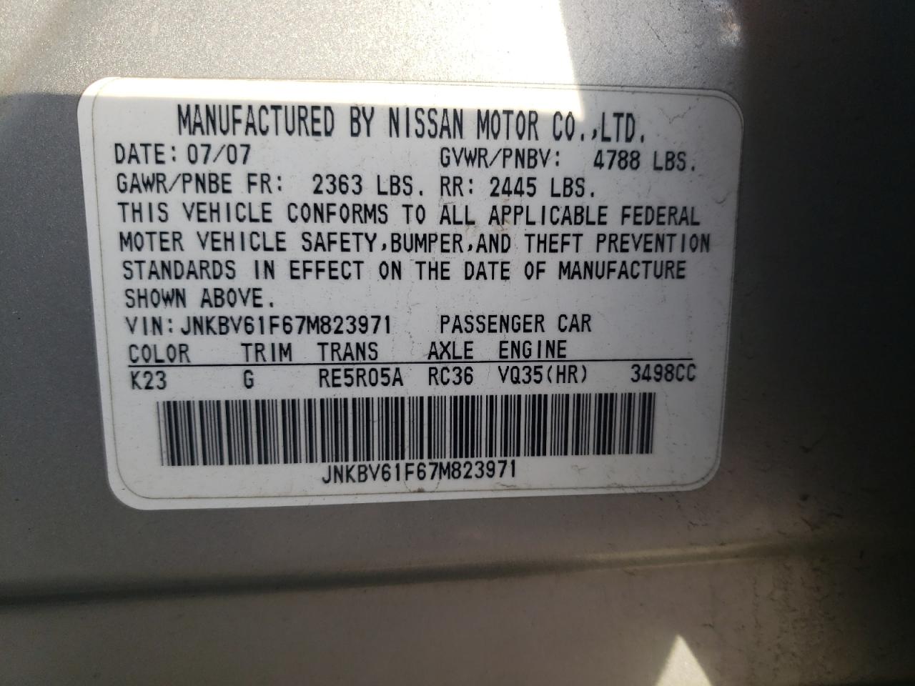 2007 Infiniti G35 VIN: JNKBV61F67M823971 Lot: 86764394