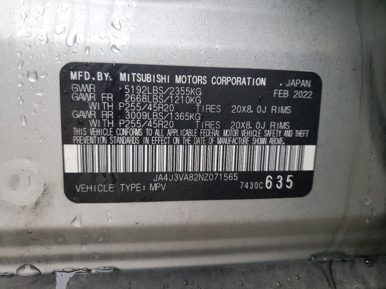 2022 Mitsubishi Outlander Sel VIN: JA4J3VA82NZ071565 Lot: 88418065