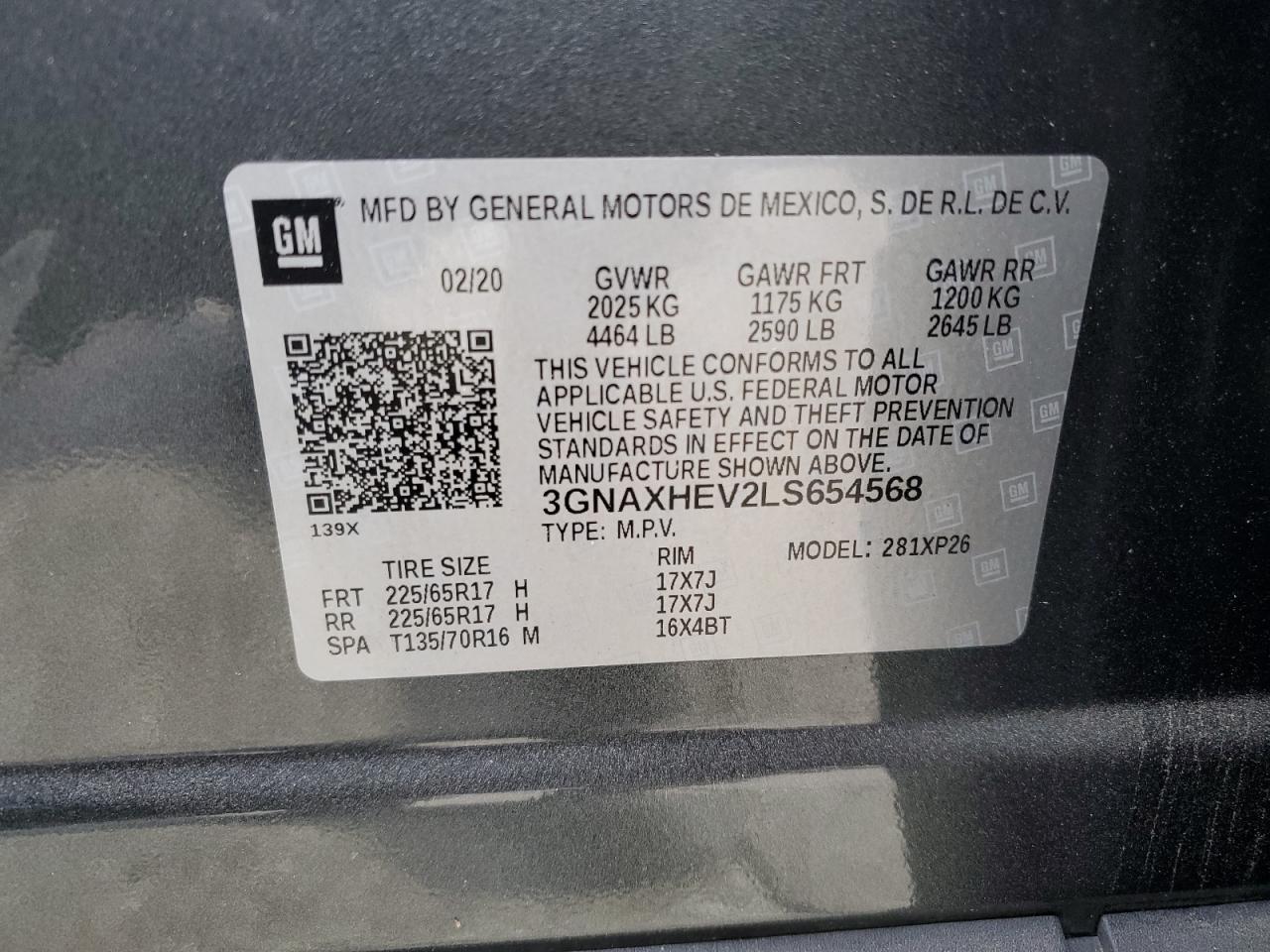 2020 Chevrolet Equinox Ls VIN: 3GNAXHEV2LS654568 Lot: 87650555
