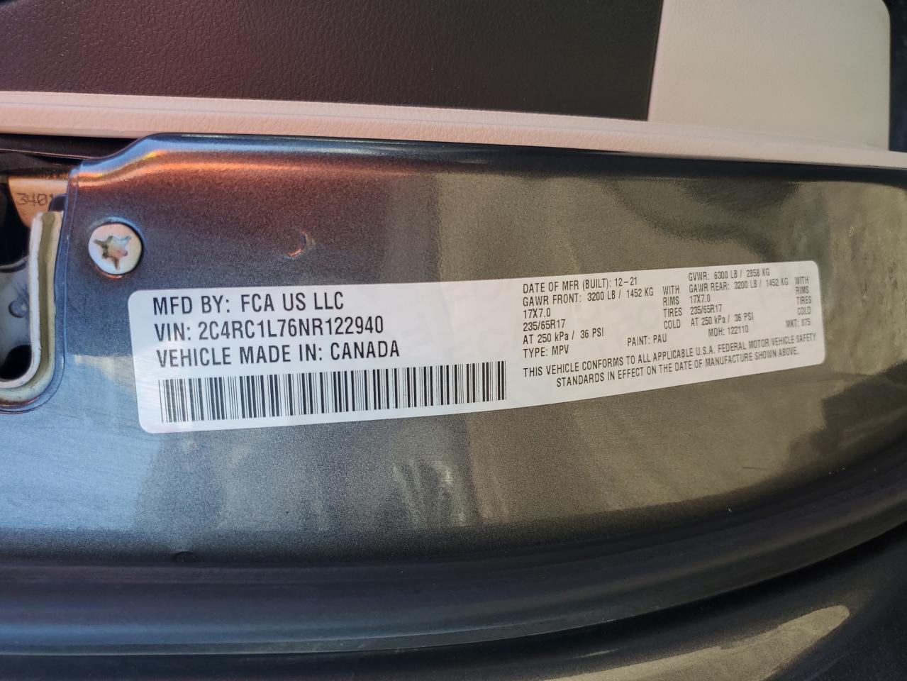 VIN 2C4RC1L76NR122940 2022 CHRYSLER PACIFICA no.14