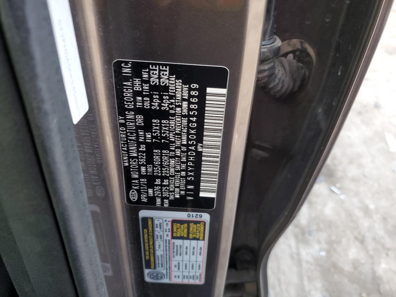 2019 Kia Sorento Ex VIN: 5XYPHDA50KG458689 Lot: 43079105