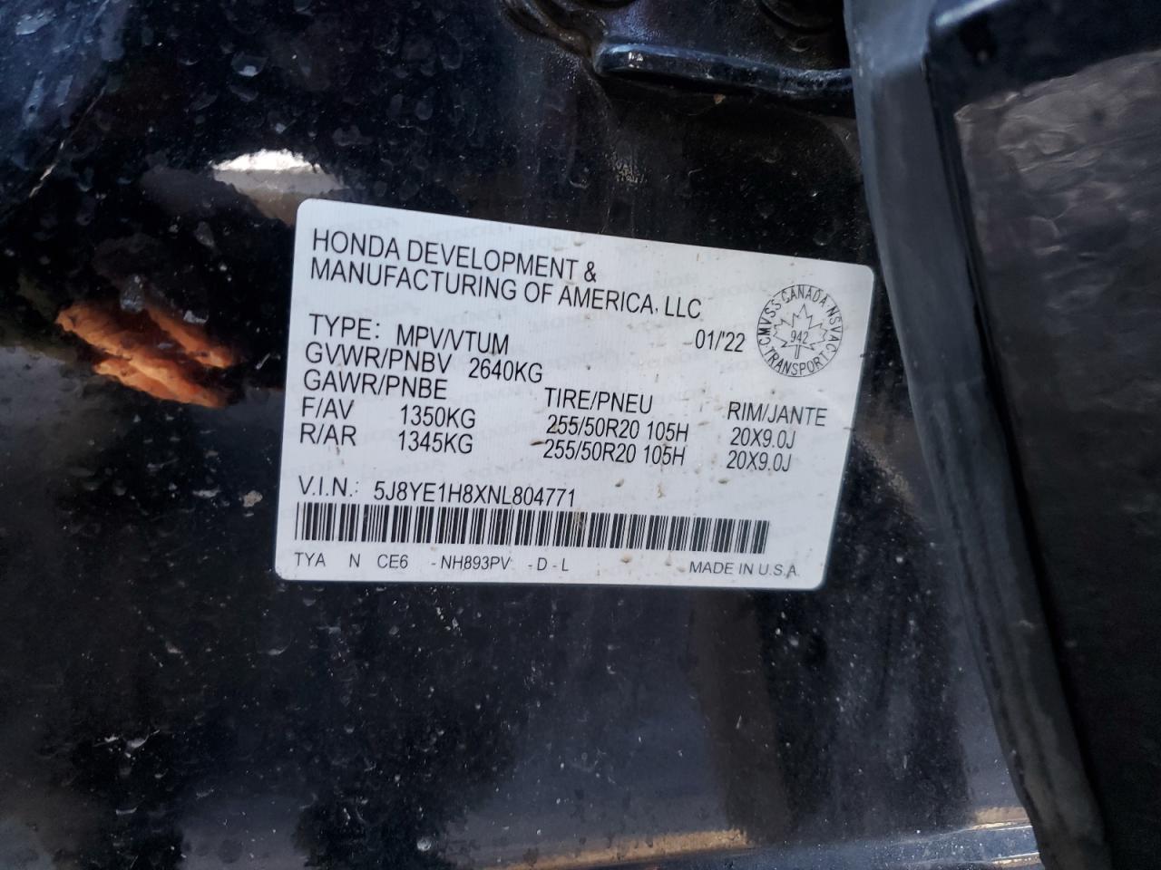 2022 Acura Mdx Advance VIN: 5J8YE1H8XNL804771 Lot: 88961925