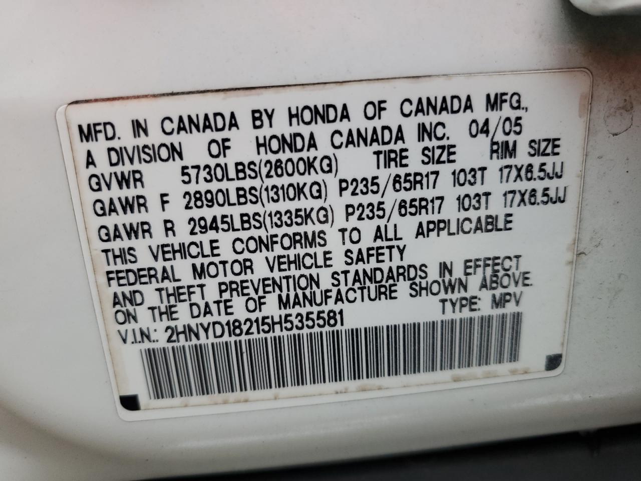 2005 Acura Mdx VIN: 2HNYD18215H535581 Lot: 41804985