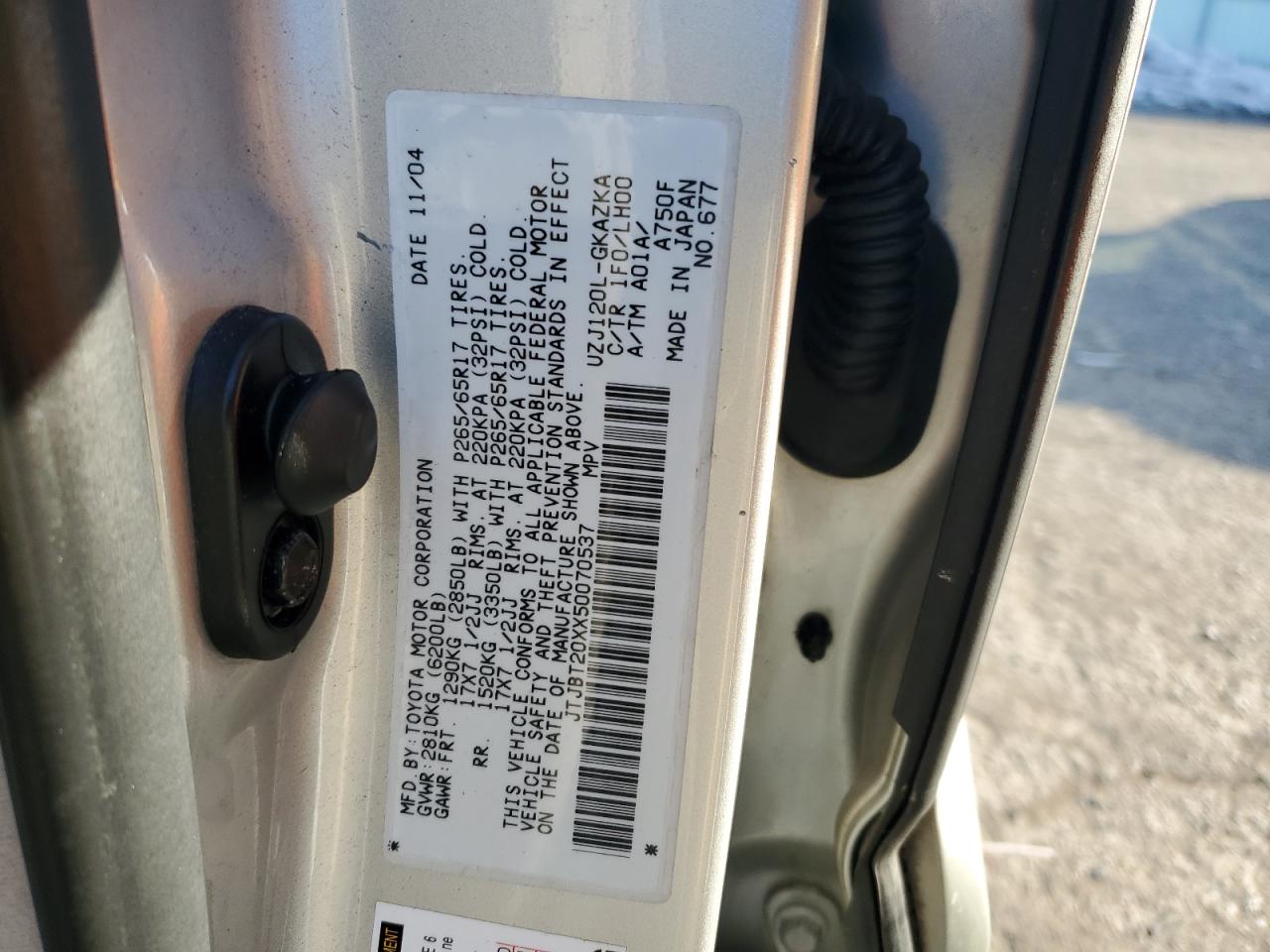 2005 Lexus Gx 470 VIN: JTJBT20XX50070537 Lot: 42931615