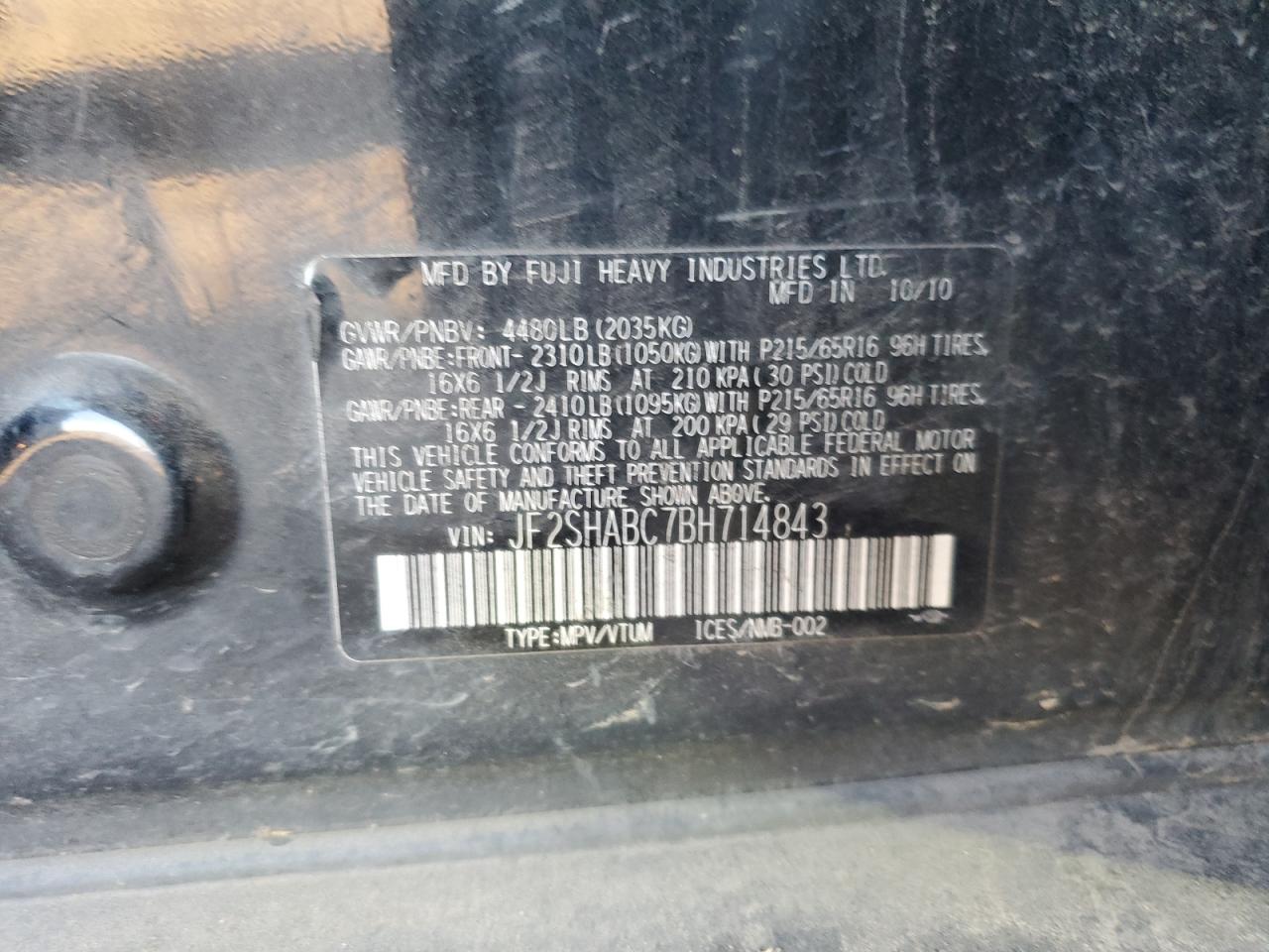 2011 Subaru Forester 2.5X VIN: JF2SHABC7BH714843 Lot: 88944365