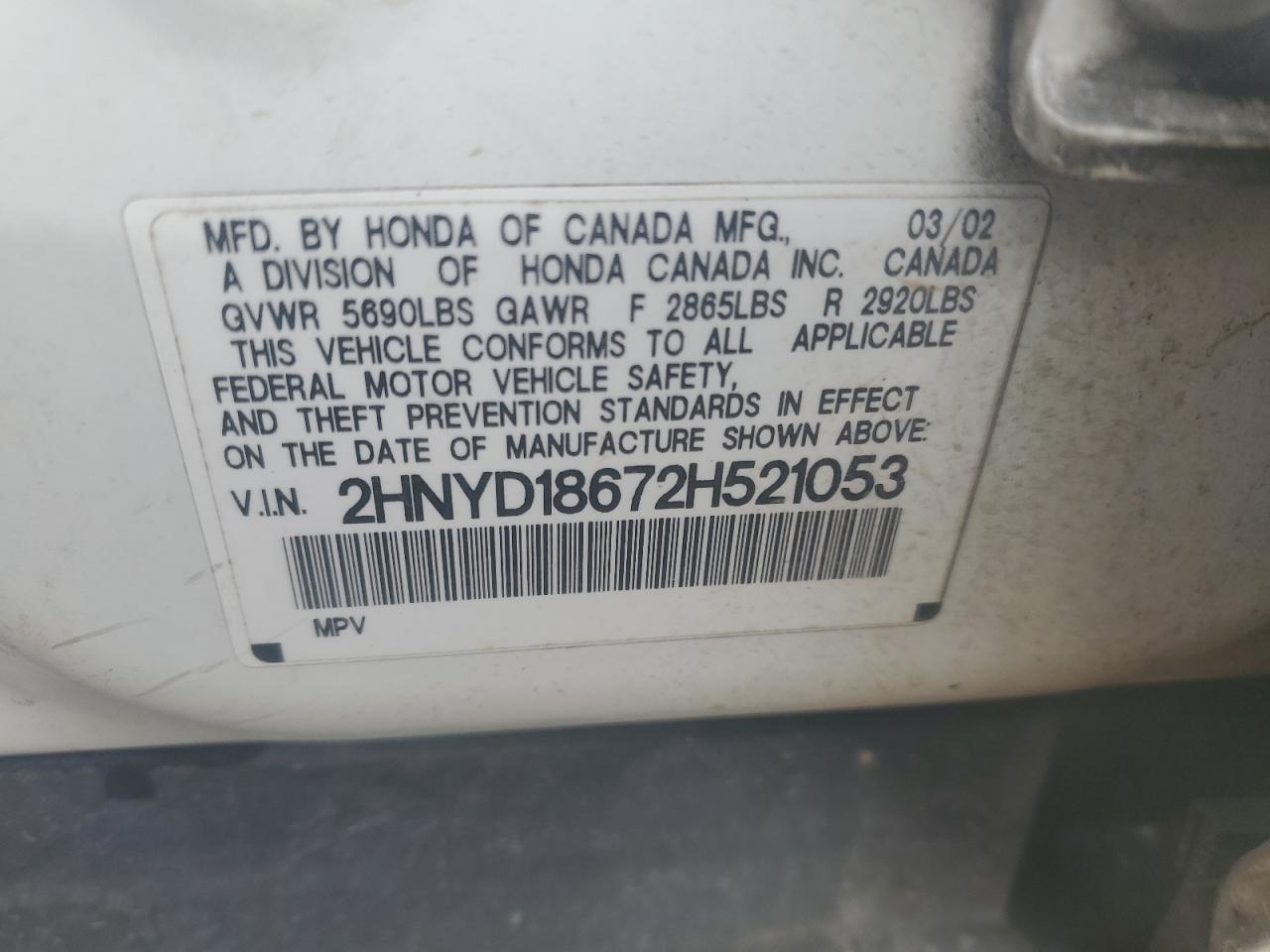 2002 Acura Mdx Touring VIN: 2HNYD18672H521053 Lot: 58230545