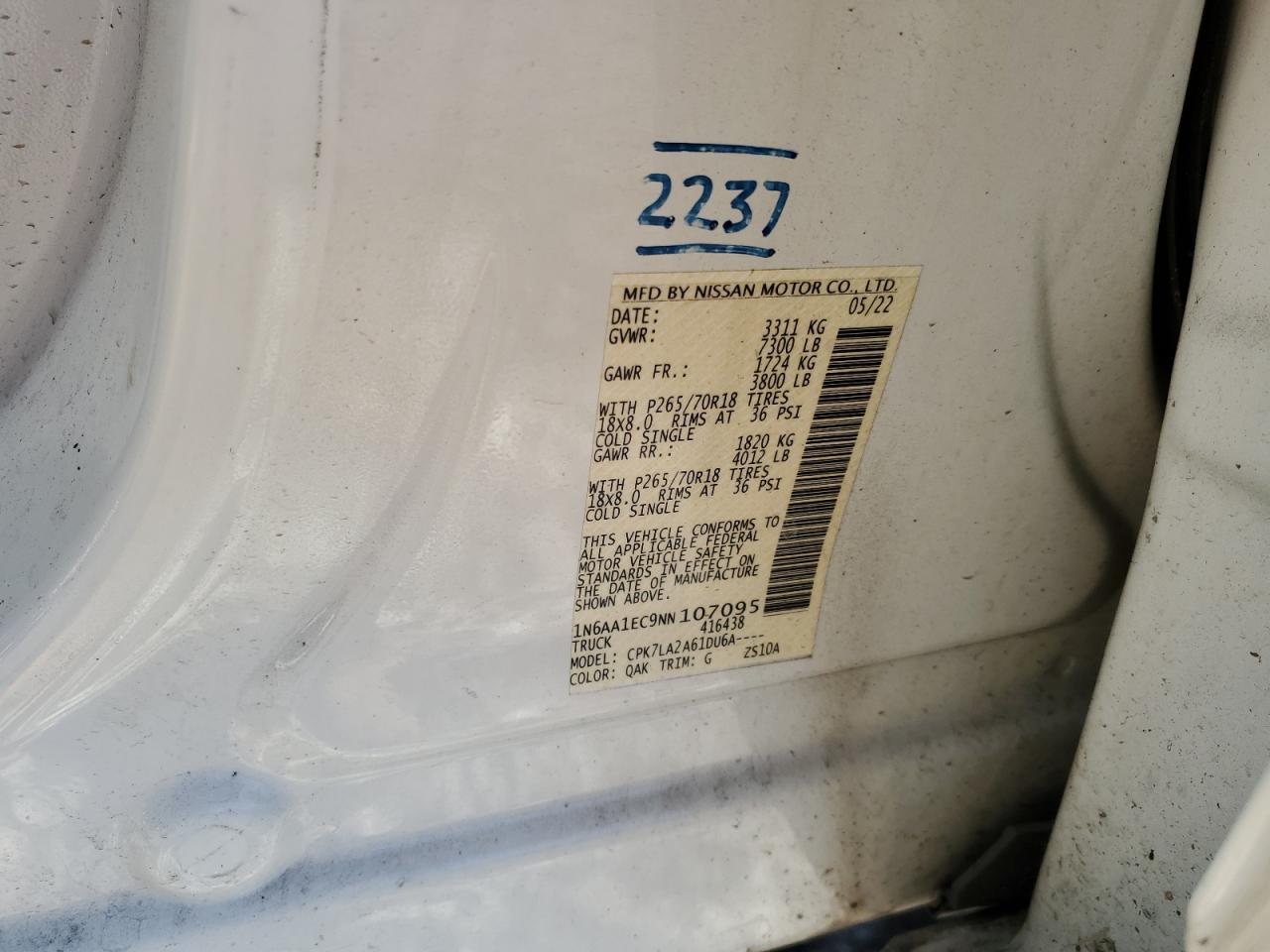 2022 Nissan Titan S VIN: 1N6AA1EC9NN107095 Lot: 86410064