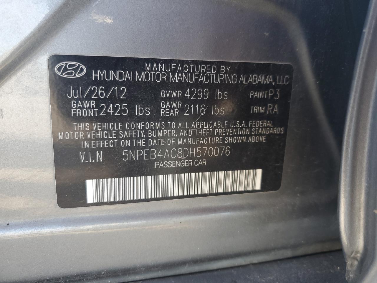 VIN 5NPEB4AC8DH570076 2013 HYUNDAI SONATA no.12