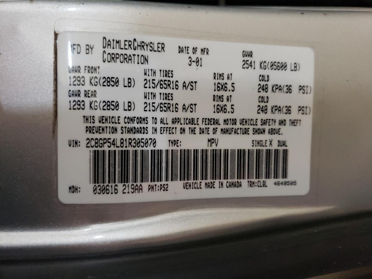 2001 Chrysler Town & Country Lxi VIN: 2C8GP54L81R305070 Lot: 42321265