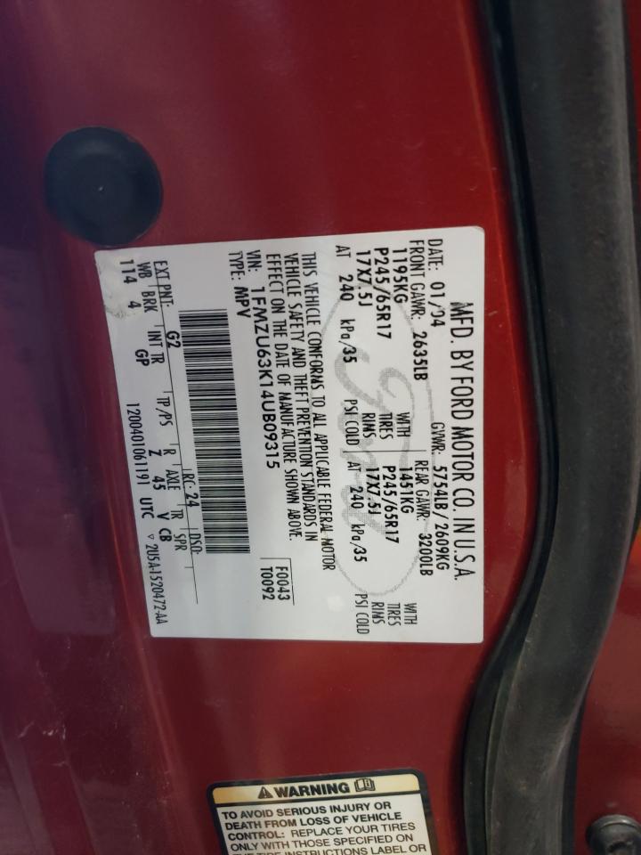 2004 Ford Explorer Xlt VIN: 1FMZU63K14UB09315 Lot: 41850715