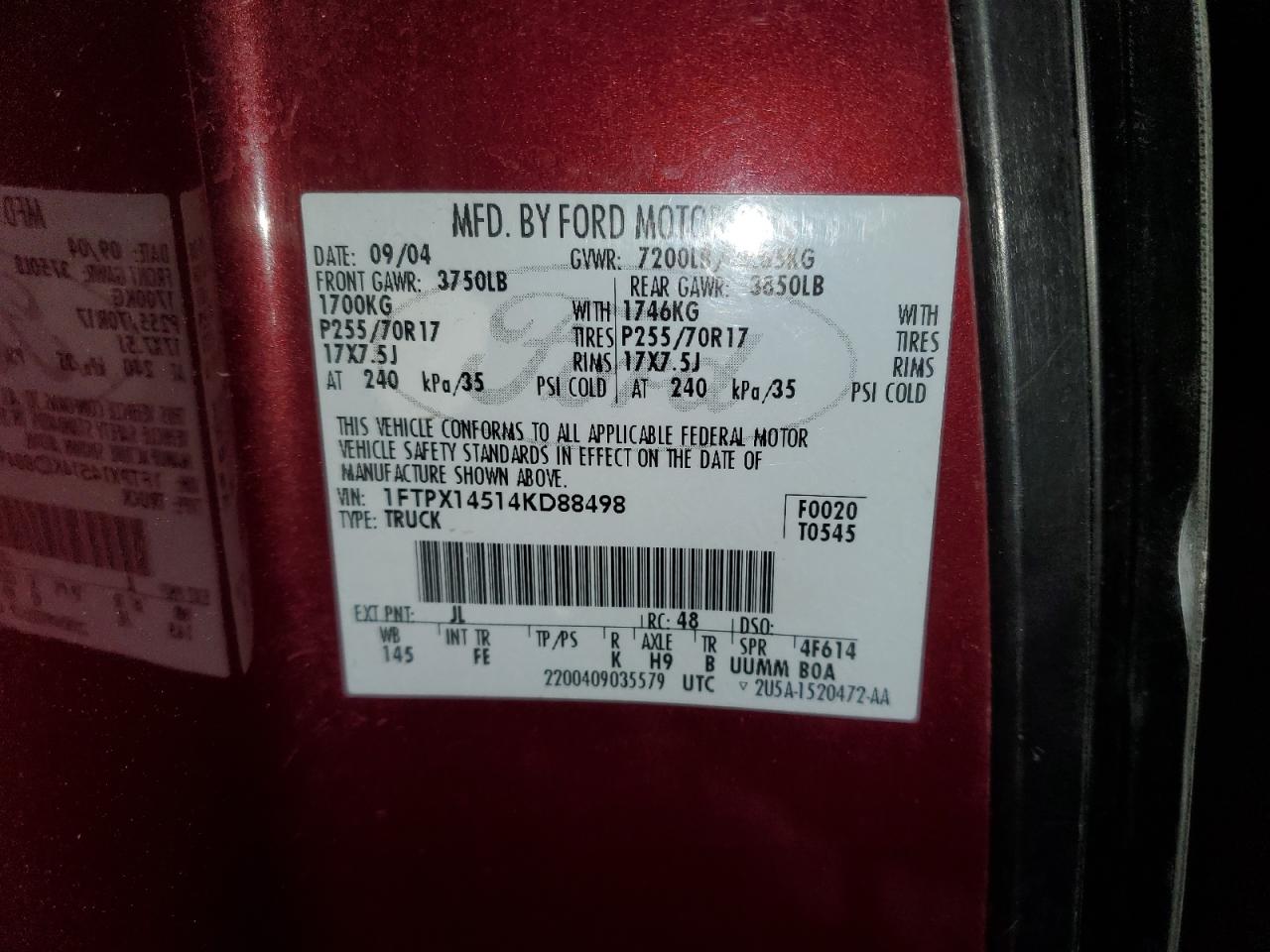 2004 Ford F150 VIN: 1FTPX14514KD88498 Lot: 88761685