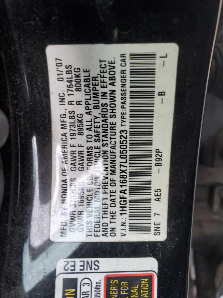 2007 Honda Civic Ex VIN: 1HGFA168X7L050523 Lot: 88134825