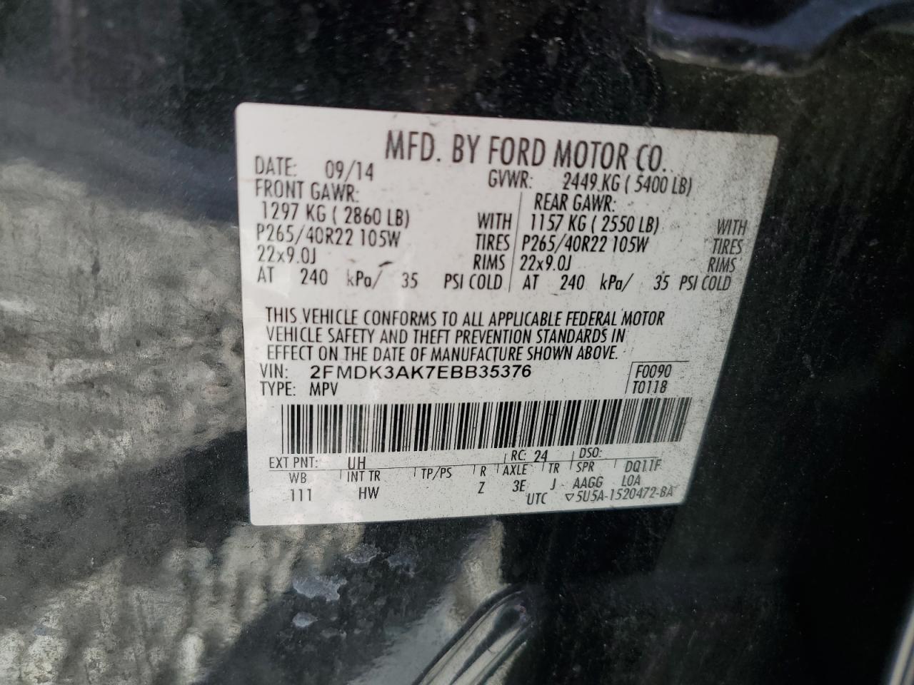 VIN 2FMDK3AK7EBB35376 2014 FORD EDGE no.13