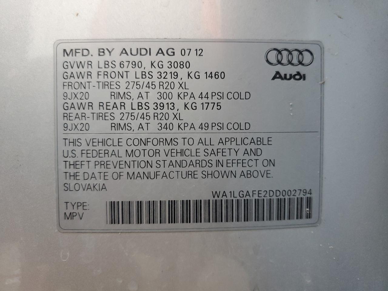 VIN WA1LGAFE2DD002794 2013 AUDI Q7 no.12