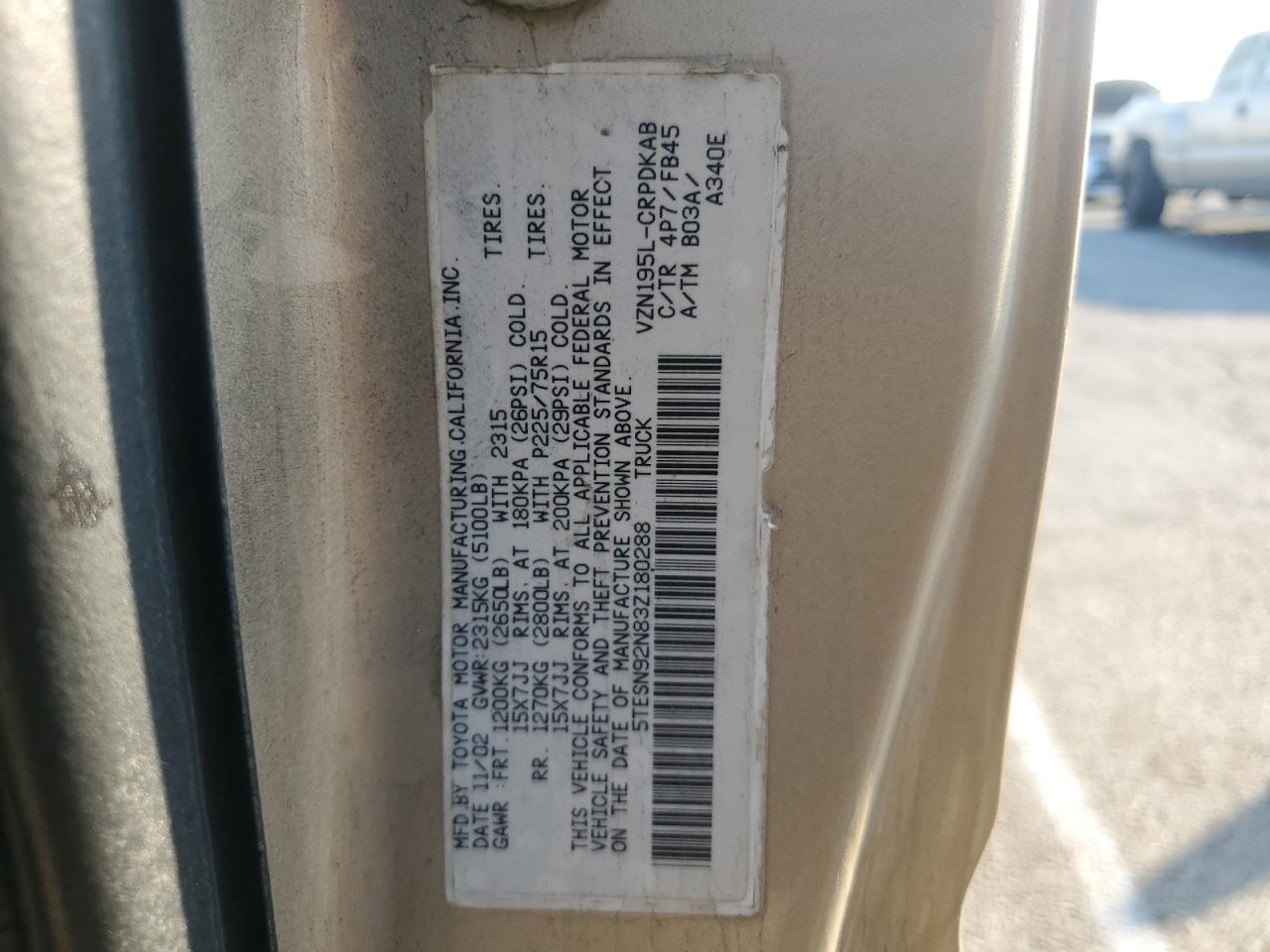 2003 Toyota Tacoma Xtracab Prerunner VIN: 5TESN92N83Z180288 Lot: 87219444