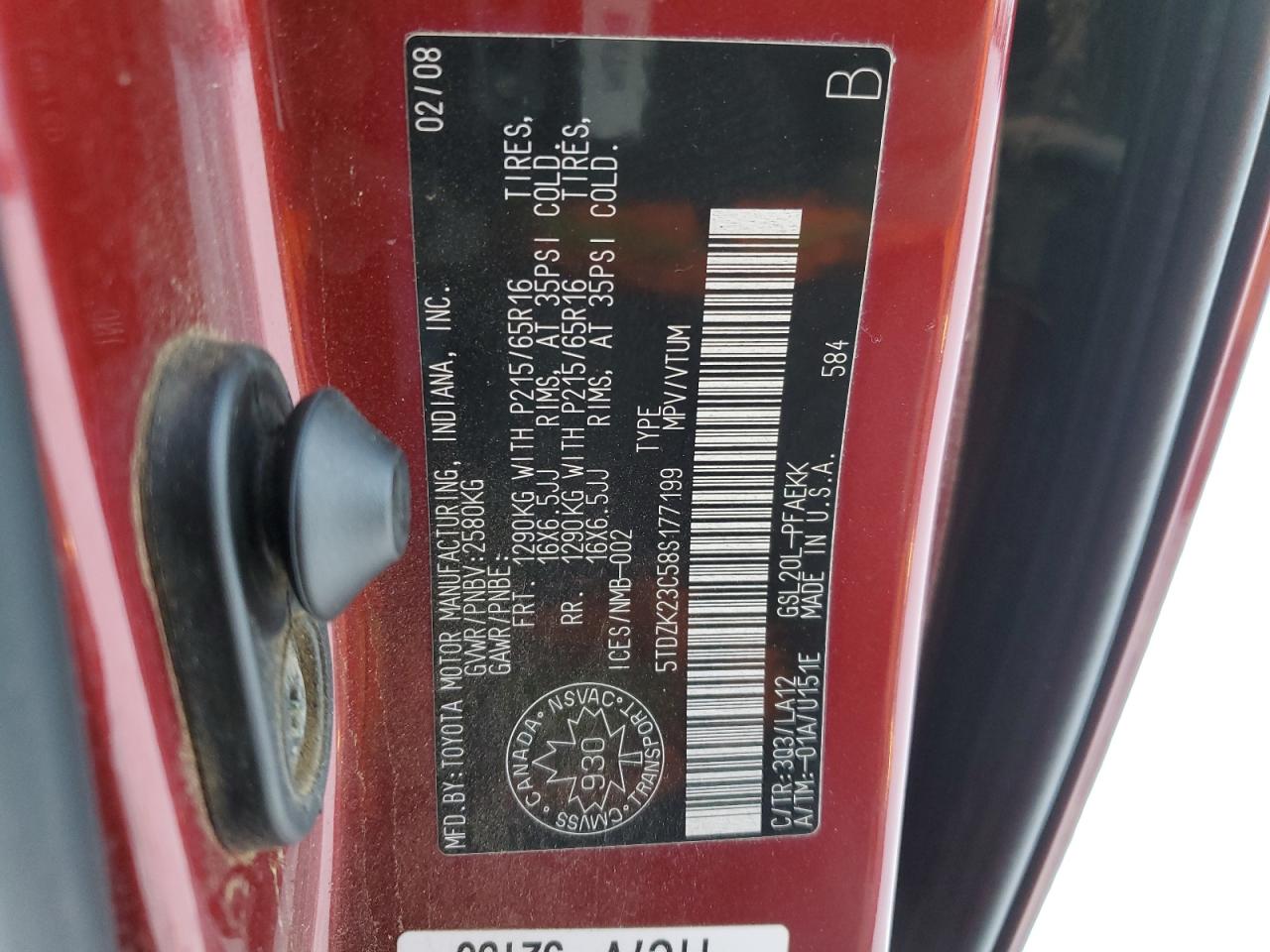 2008 Toyota Sienna Ce VIN: 5TDZK23C58S177199 Lot: 43001945