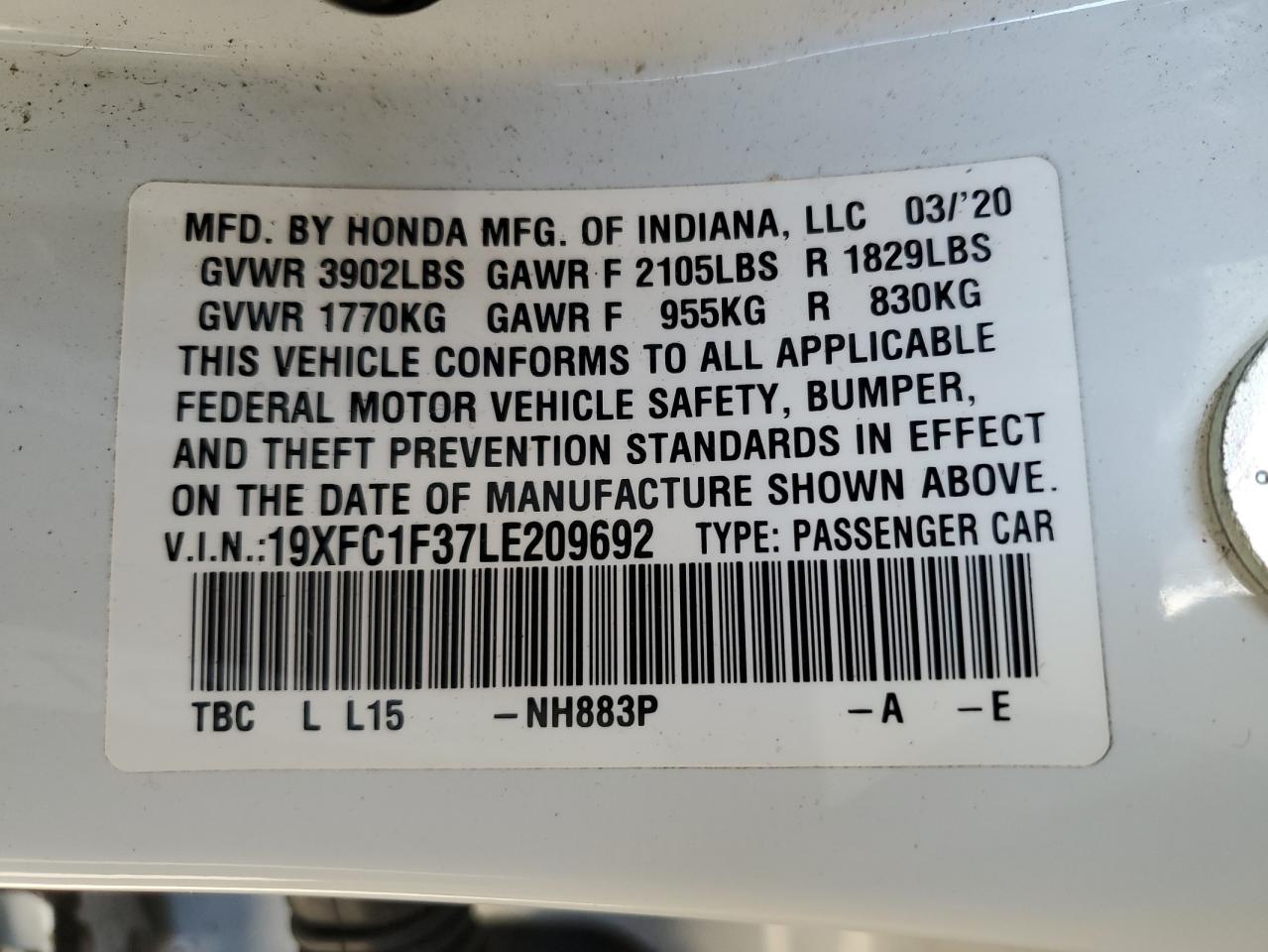 2020 Honda Civic Ex VIN: 19XFC1F37LE209692 Lot: 88511795