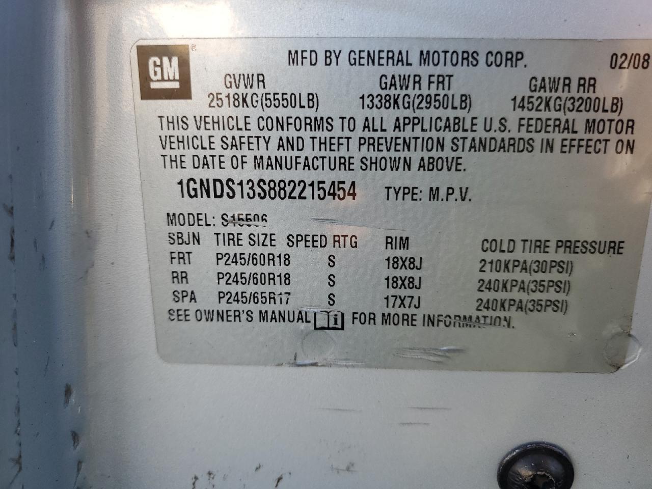 2008 Chevrolet Trailblazer Ls VIN: 1GNDS13S882215454 Lot: 42029015