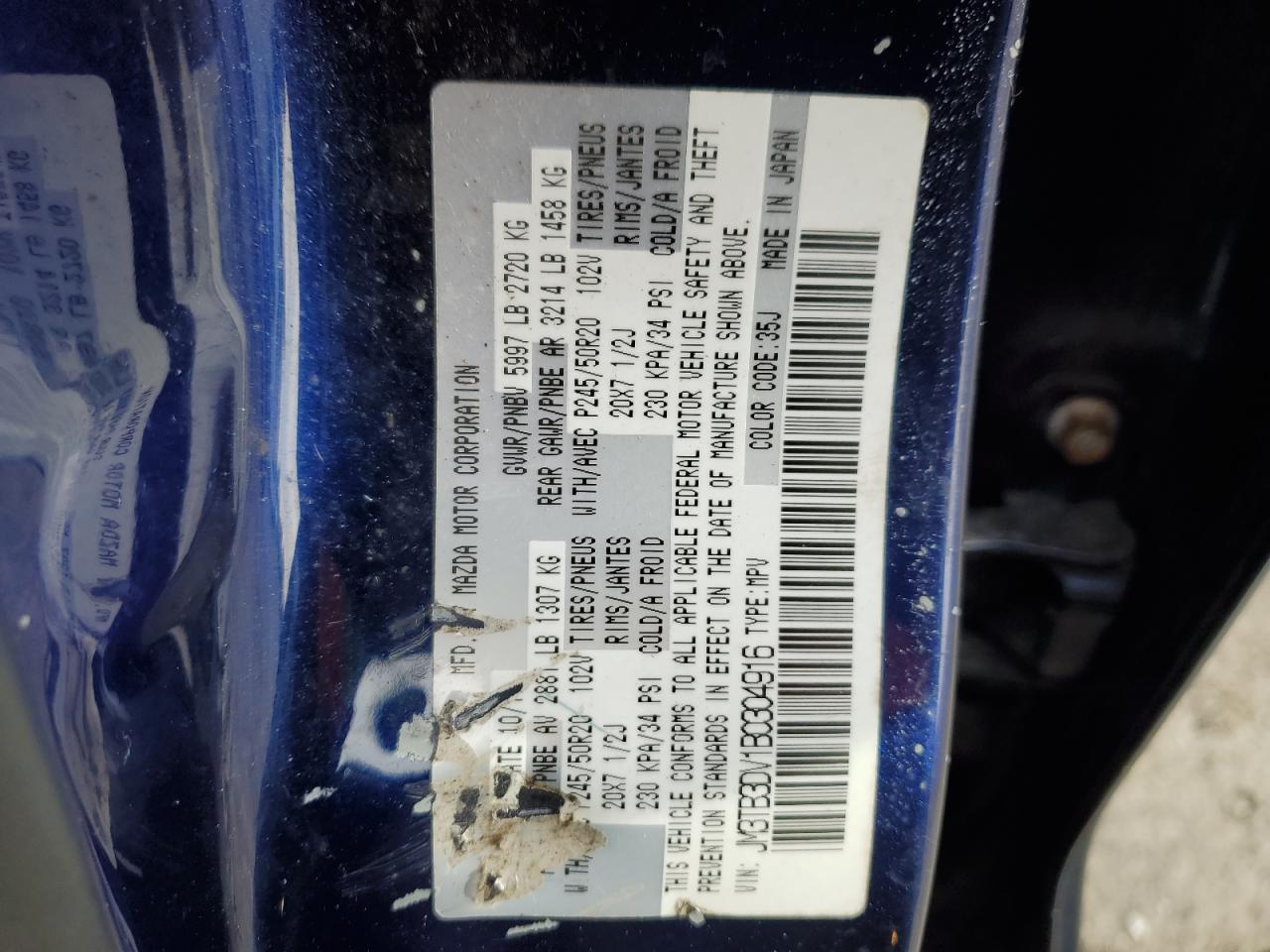 2011 Mazda Cx-9 VIN: JM3TB3DV1B0304916 Lot: 88137575