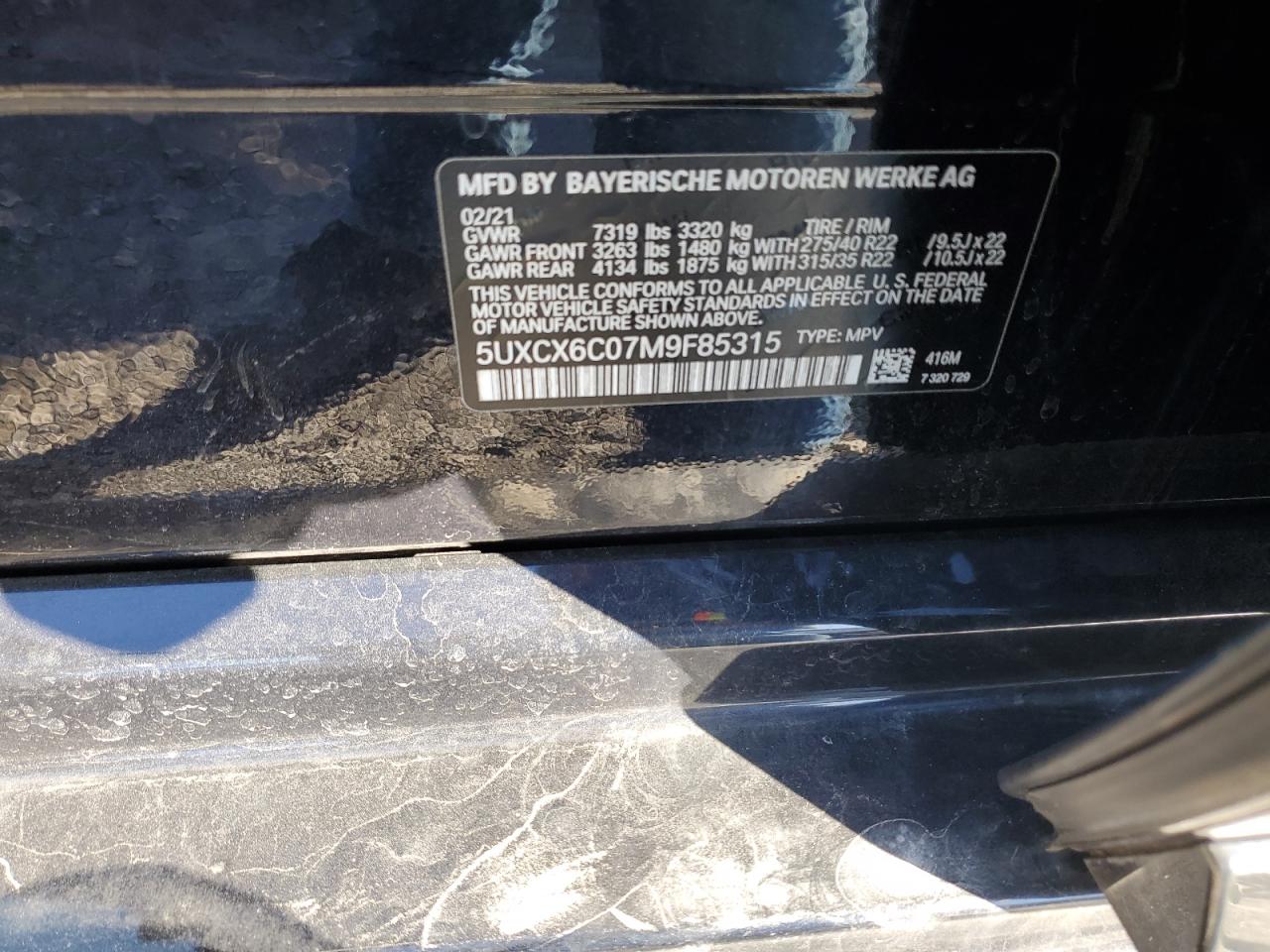 2021 BMW X7 M50I VIN: 5UXCX6C07M9F85315 Lot: 42618465