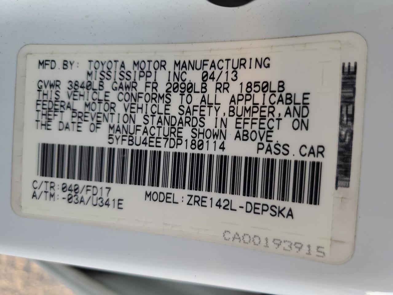 2013 Toyota Corolla Base VIN: 5YFBU4EE7DP180114 Lot: 88588985