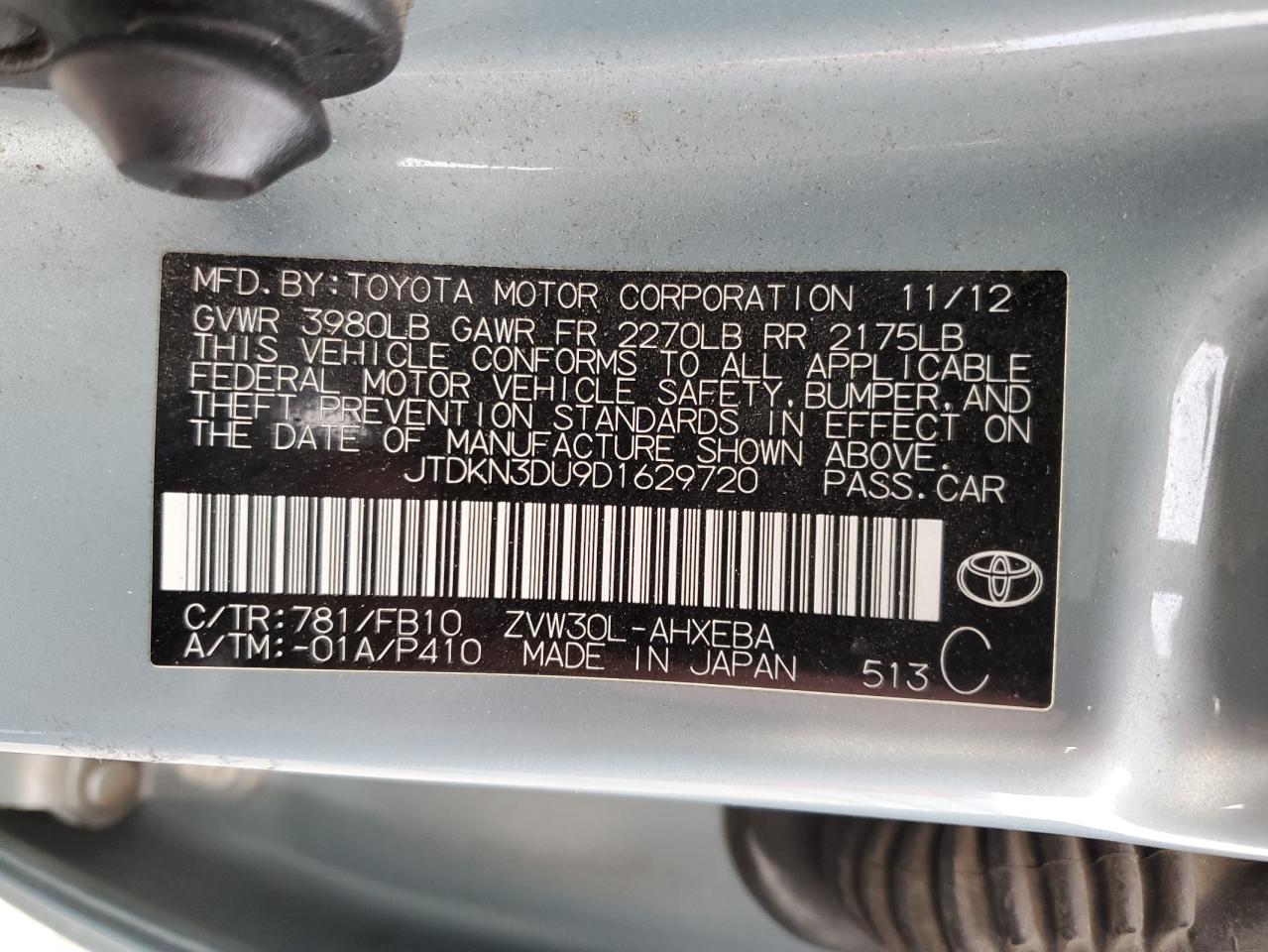 VIN JTDKN3DU9D1629720 2013 TOYOTA PRIUS no.13