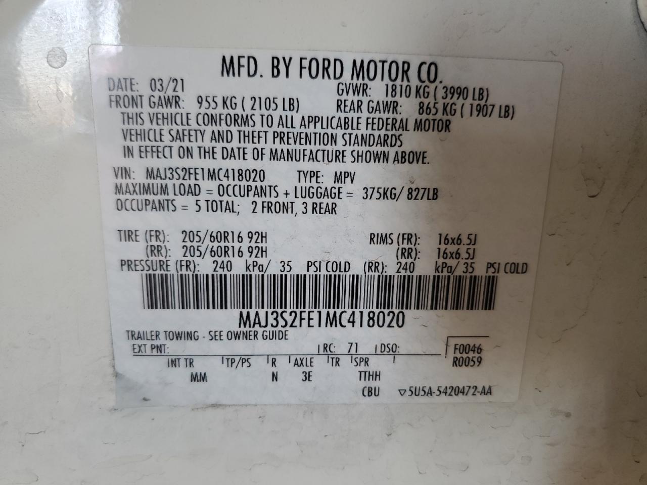 2021 Ford Ecosport S VIN: MAJ3S2FE1MC418020 Lot: 41540165