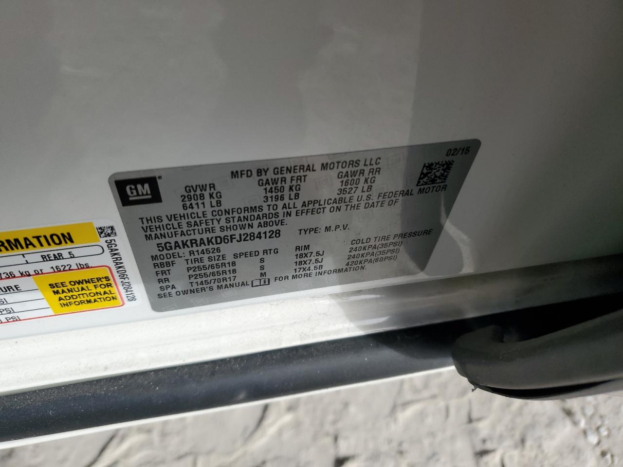 2015 Buick Enclave VIN: 5GAKRAKD6FJ284128 Lot: 87634305