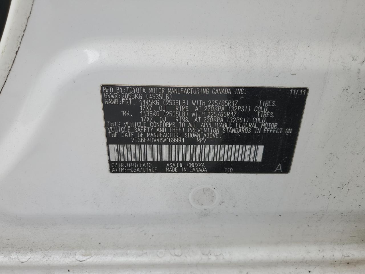 2011 Toyota Rav4 VIN: 2T3BF4DV4BW169991 Lot: 67976855