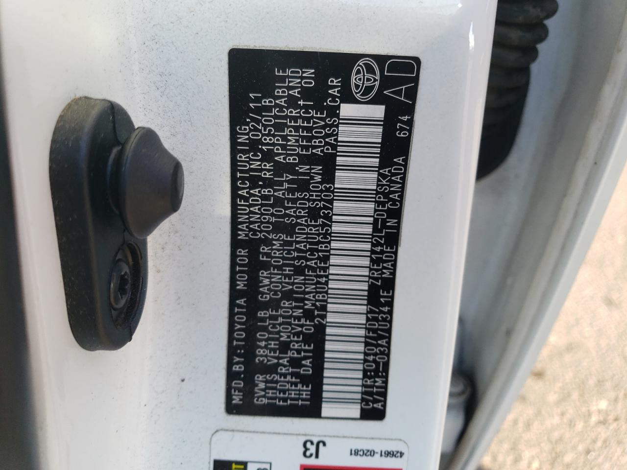 2011 Toyota Corolla Base VIN: 2T1BU4EE1BC573703 Lot: 88143925