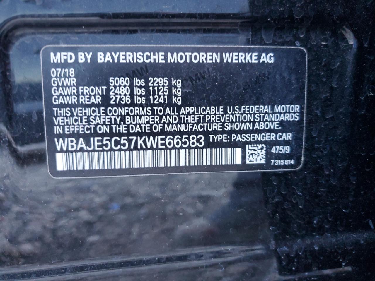 2019 BMW 540 I VIN: WBAJE5C57KWE66583 Lot: 87821995