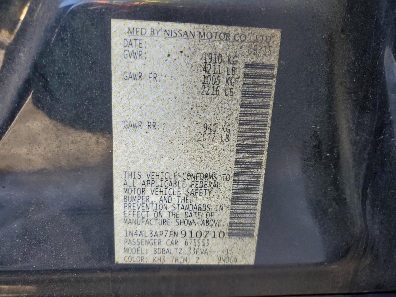 2015 Nissan Altima 2.5 VIN: 1N4AL3AP7FN910710 Lot: 57035995