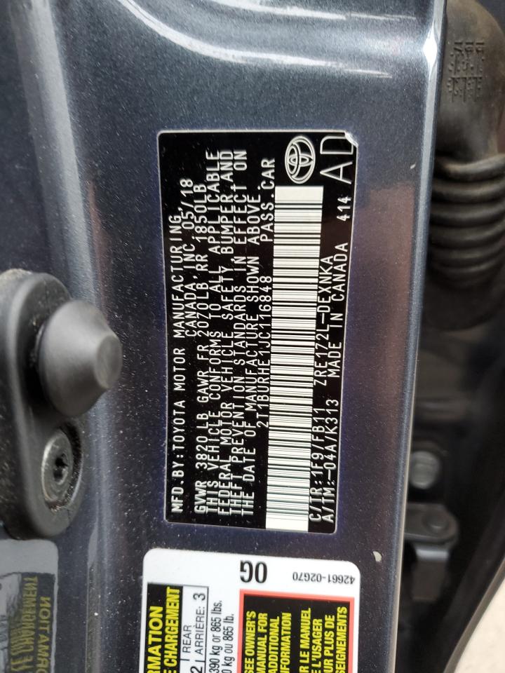 2018 Toyota Corolla L VIN: 2T1BURHE1JC116848 Lot: 87307674