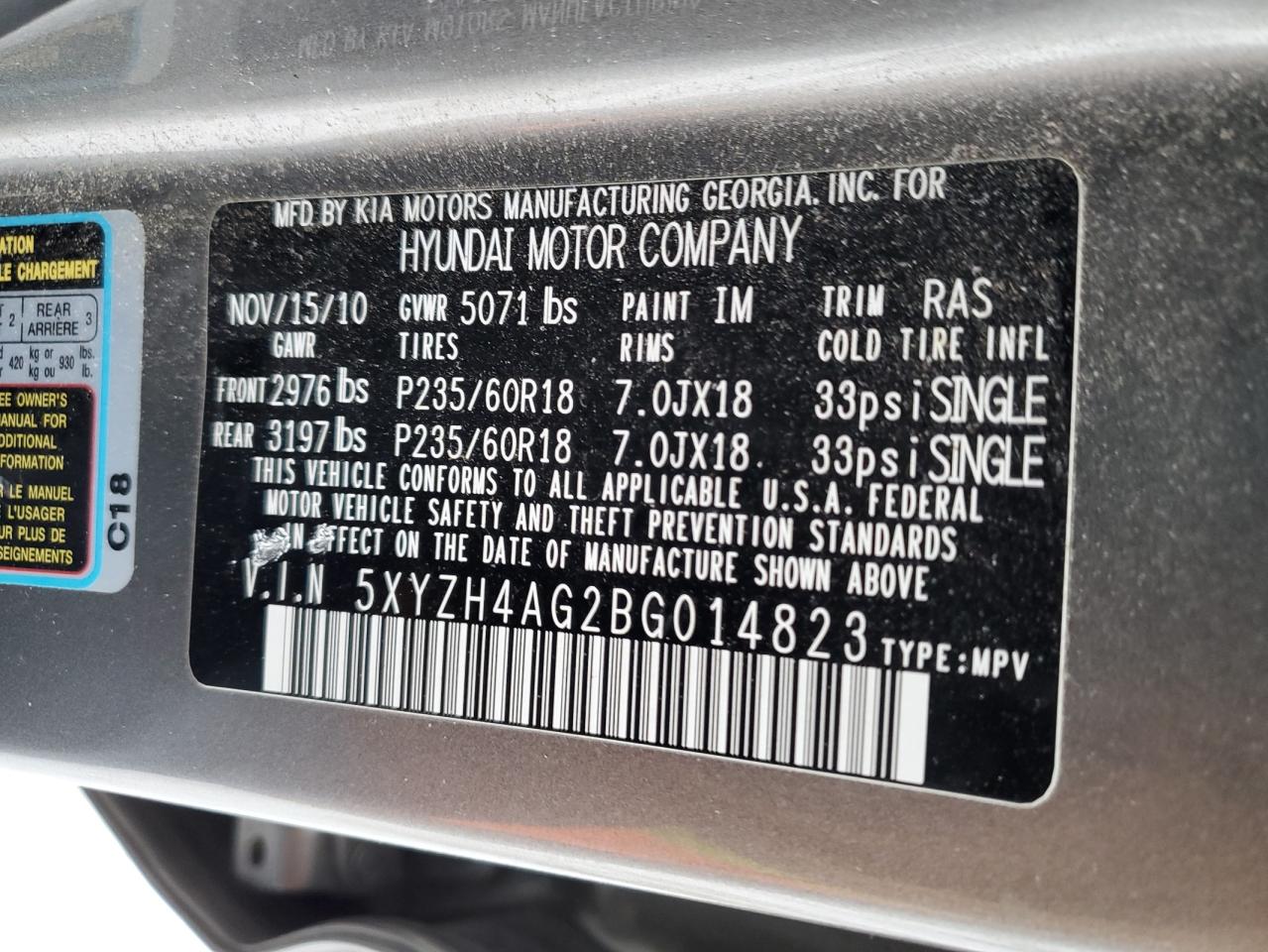 2011 Hyundai Santa Fe Se VIN: 5XYZH4AG2BG014823 Lot: 85685254