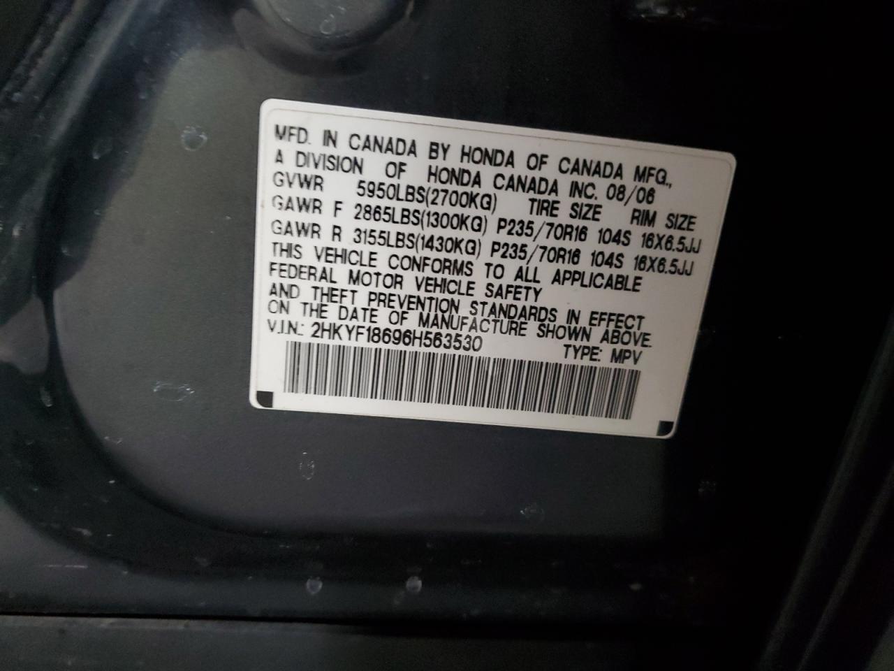 2006 Honda Pilot Ex VIN: 2HKYF18696H563530 Lot: 41921195