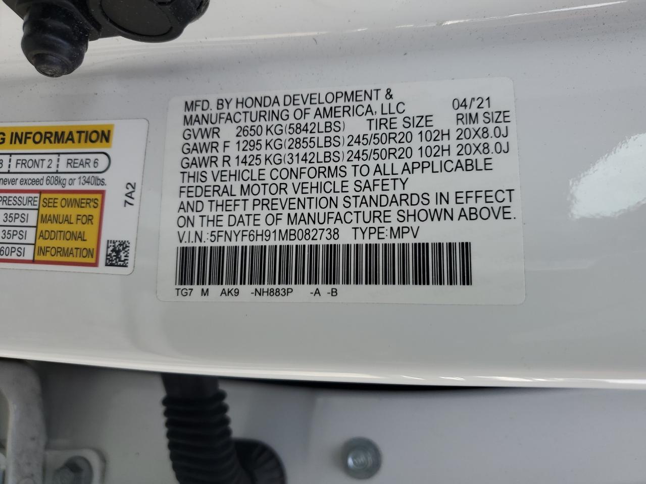 2021 Honda Pilot Touring VIN: 5FNYF6H91MB082738 Lot: 87801405